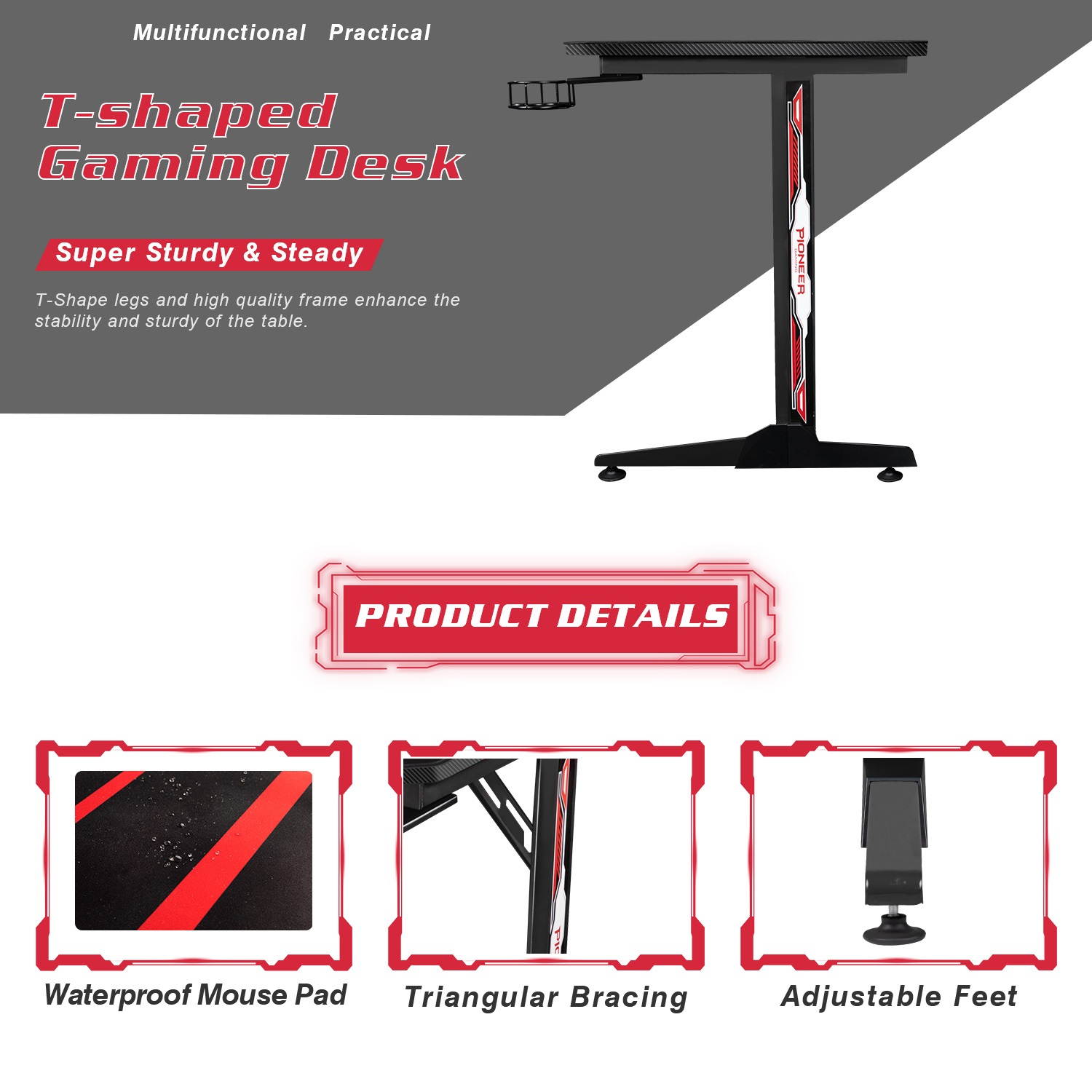 Devoko 43 Inch Gaming Desk T-Shaped PC Computer Table with Free Mouse Pad Carbon Fibre Surface Home Office Desk Gamer Table with Game Handle Rack Headphone Hook and Cup Holder (Black)