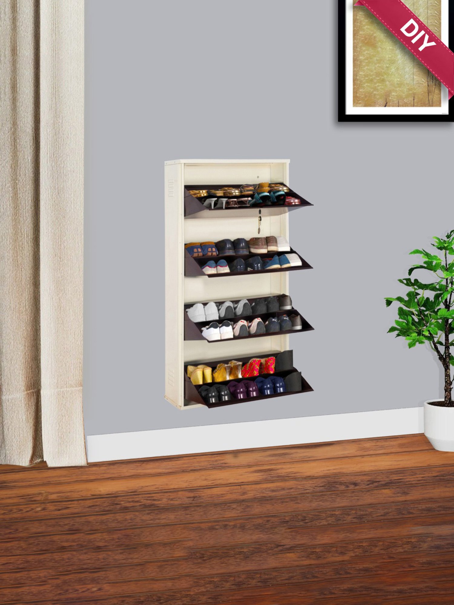 Delite Kom Metal Shoe Rack - 24" 3 Shelf, Ivory Green, PowderCoat, Wall Mount, DIY