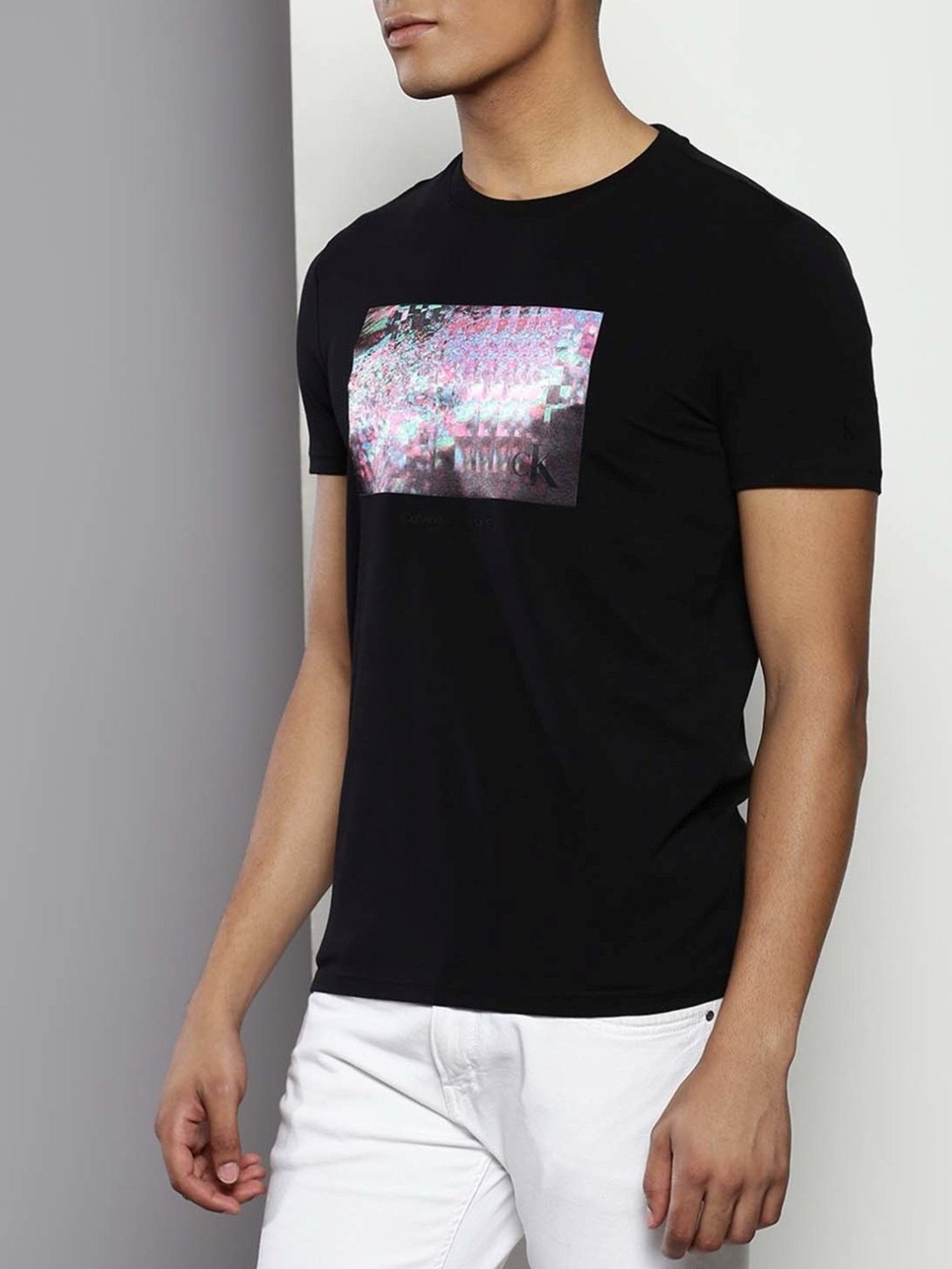 Calvin Klein Black Cotton Slim Fit Printed T-Shirt