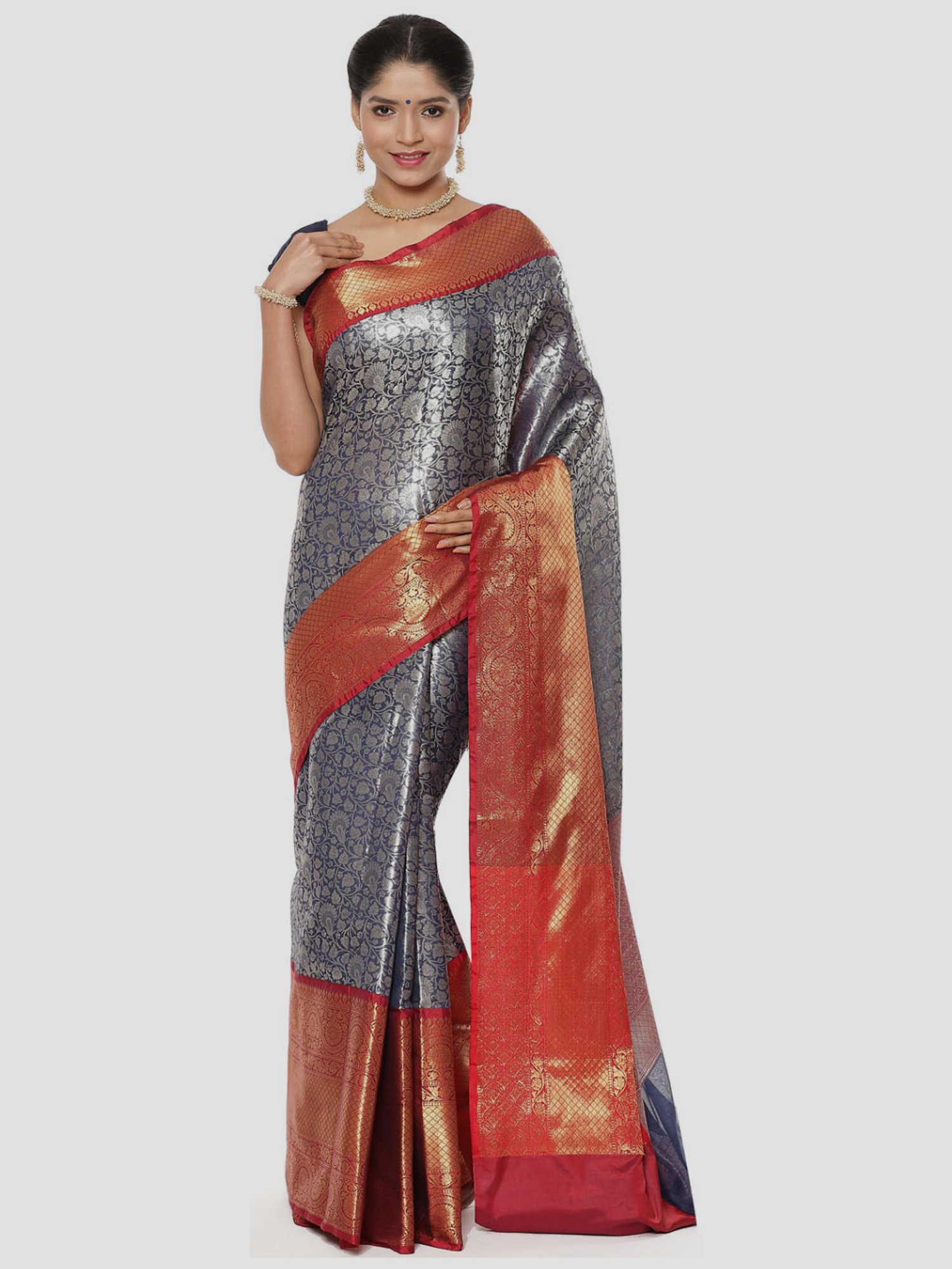 Banarasi Silk Works Navy Woven Saree With Unstitched Blouse