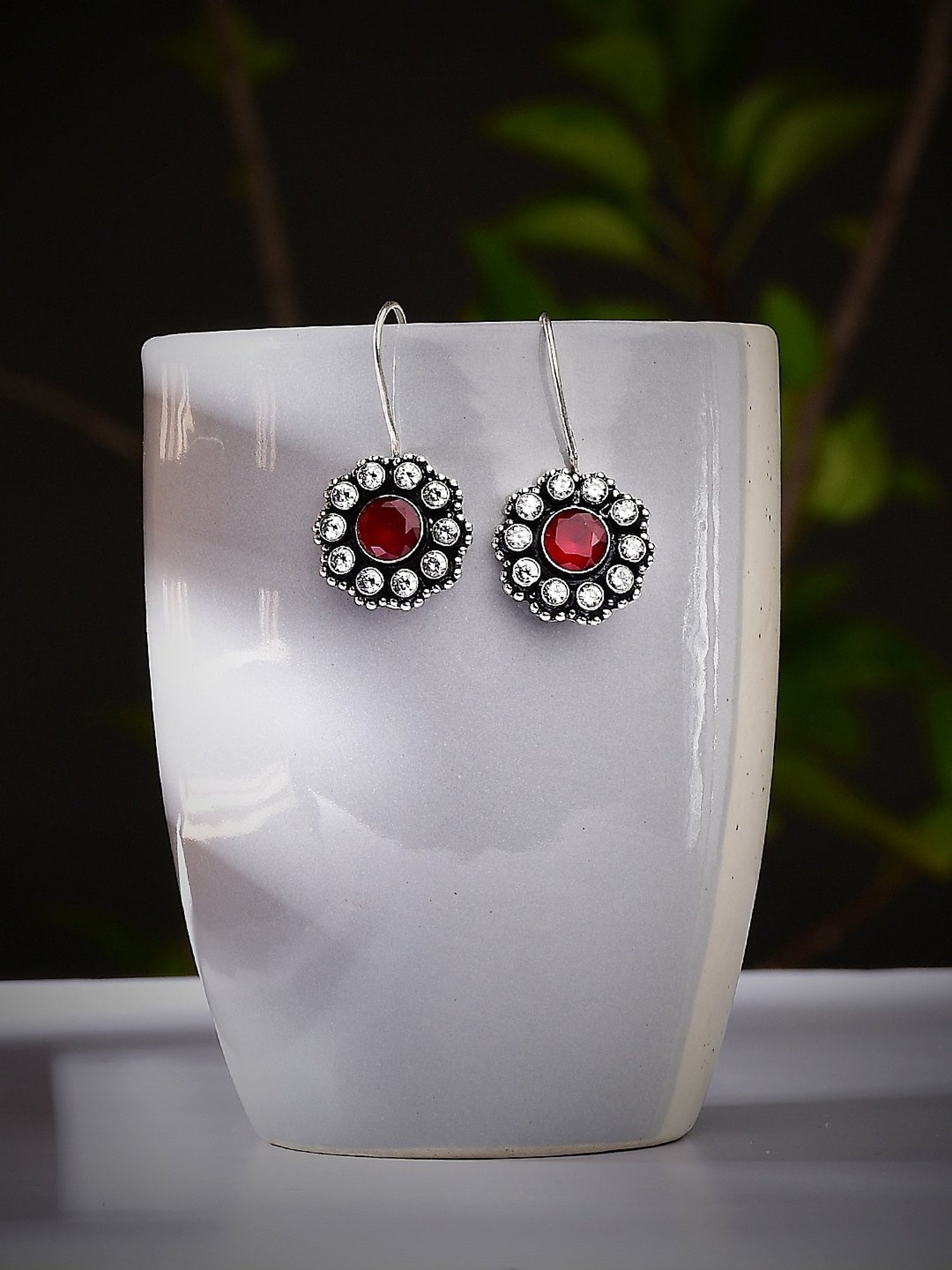 Imli Street Red Silver Tone Stone-Studded Handcrafted Drop Earrings