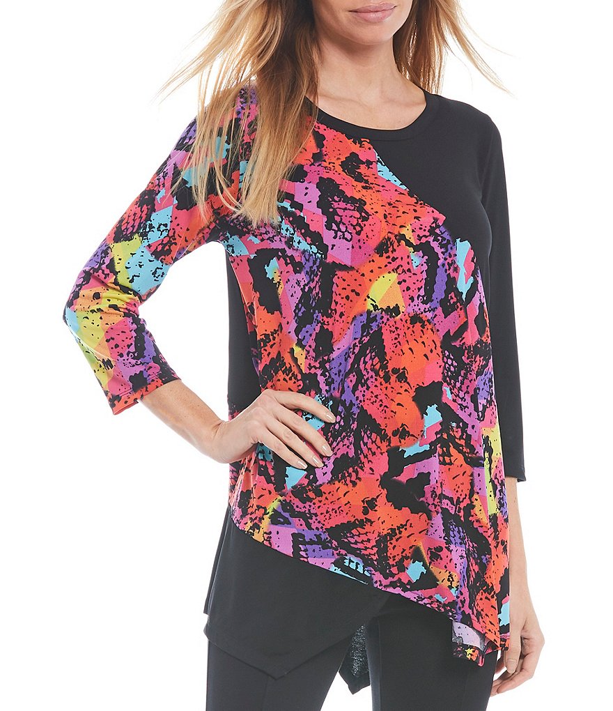 Eva Varro Animal Print Knit Jersey 3/4 Slit Sleeve Tunic