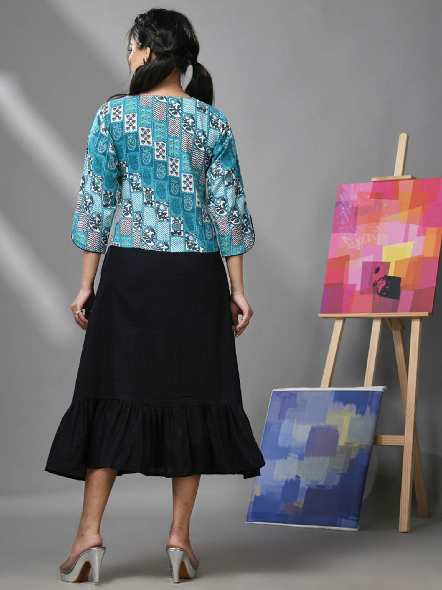 CHARUKRITI Black Cotton Printed A-Line Dress With Jacket