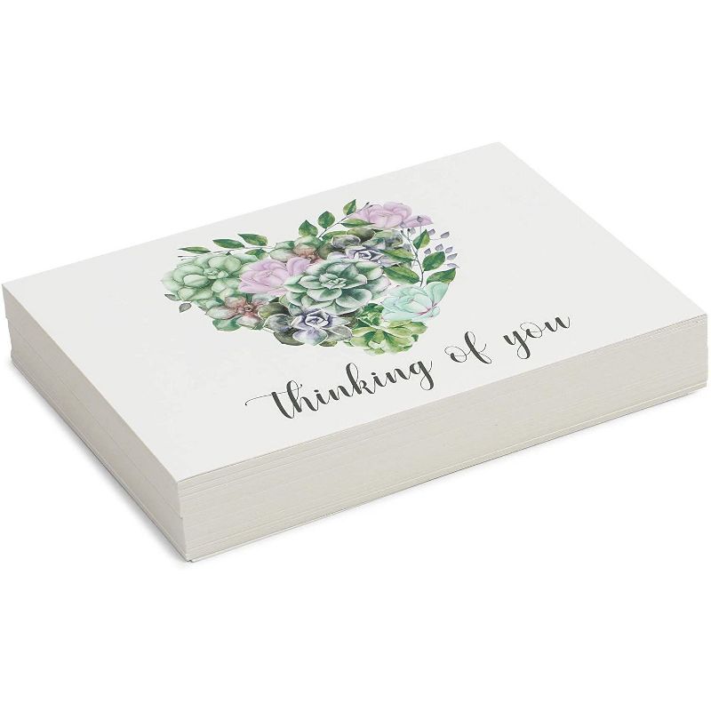Pipilo Press 48-Pack Blank Thinking Of You Postcards, Heart and Succulents Design (6 x 4 In)