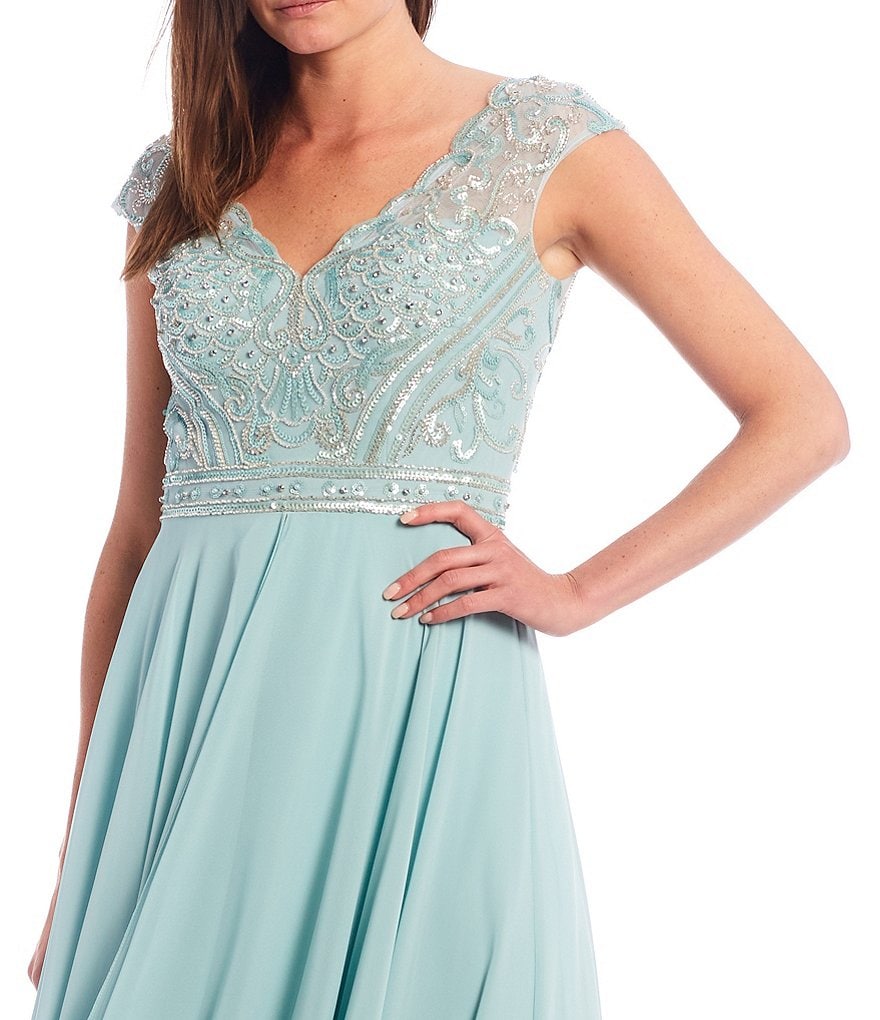 Xscape Beaded Bodice Double V-Neckline Chiffon Ball Gown
