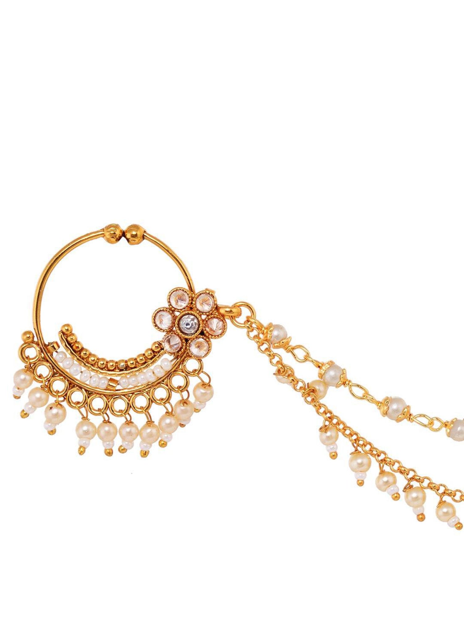 Saraf Rs Jewellery Gold Toned White Pearl Beaded Designer Nath Nose Ring With Chain