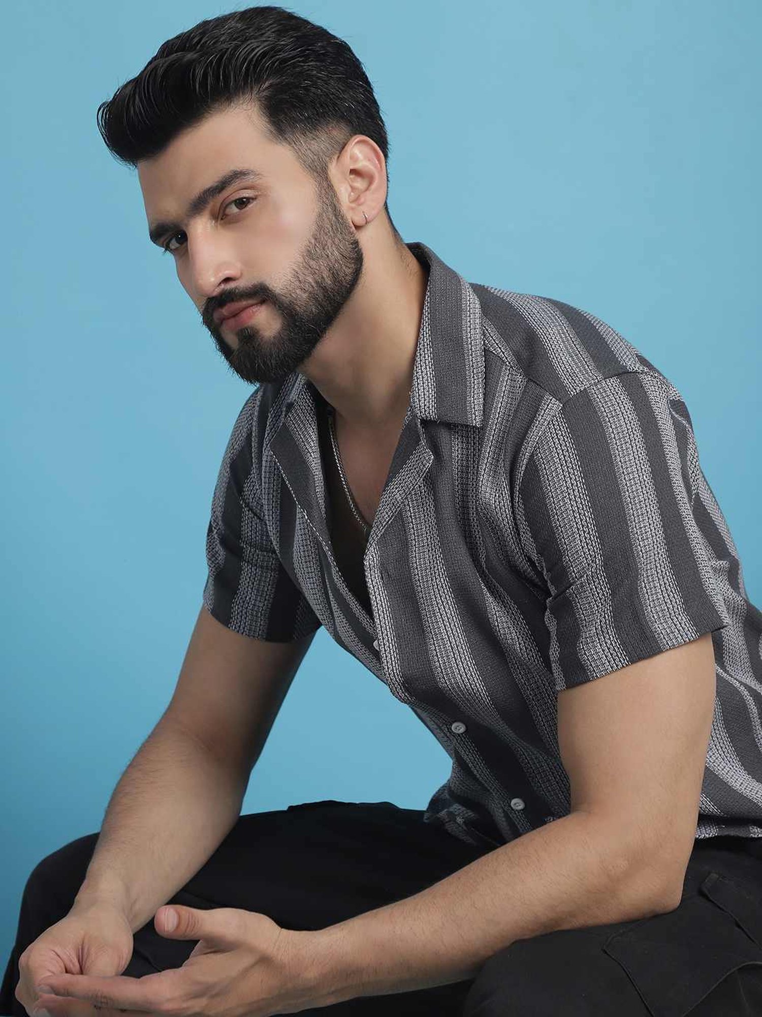 Indian Needle Grey Cotton Regular Fit Striped Shirt