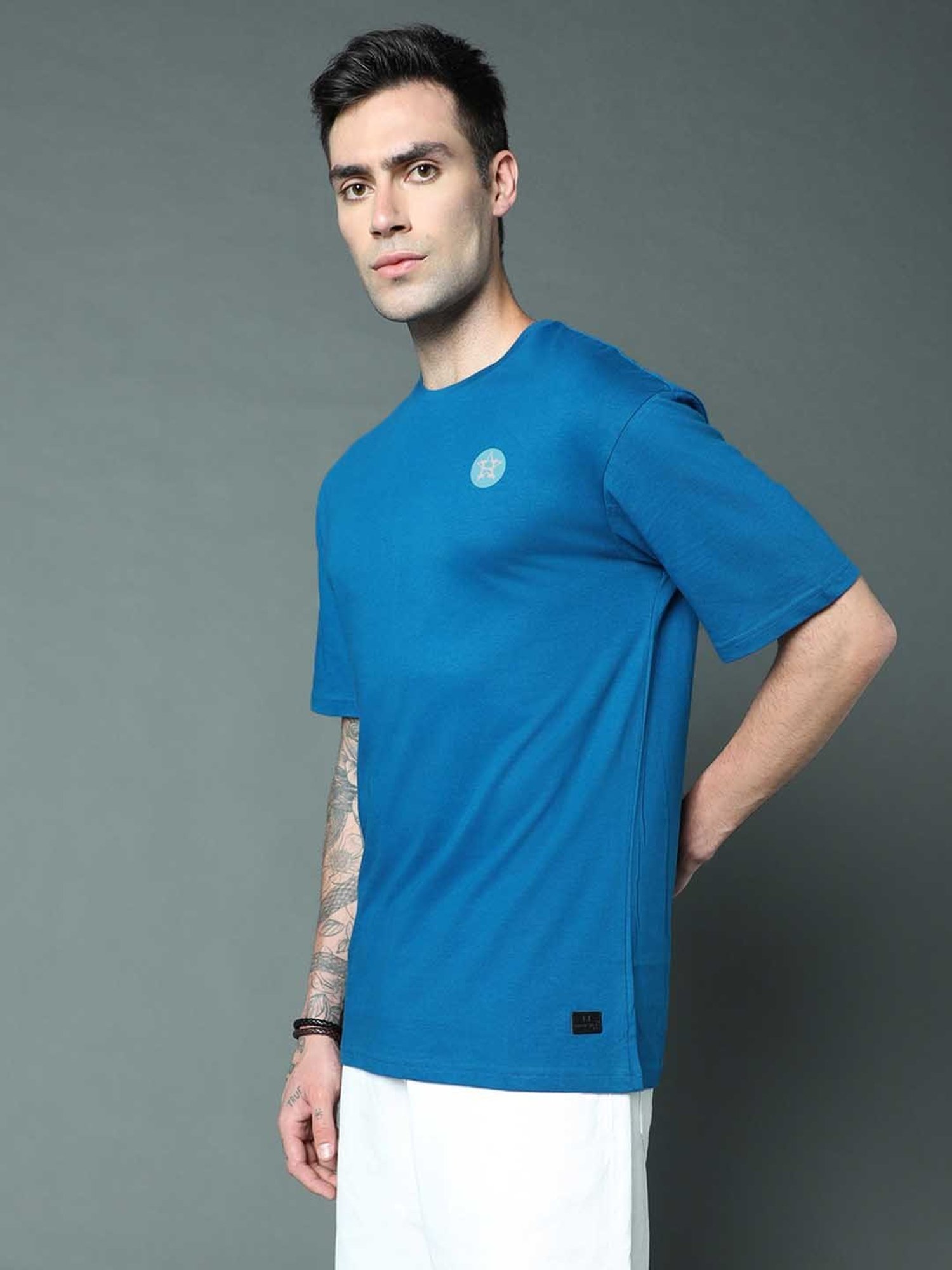 High Star Blue Relaxed Fit Printed Crew T-Shirt
