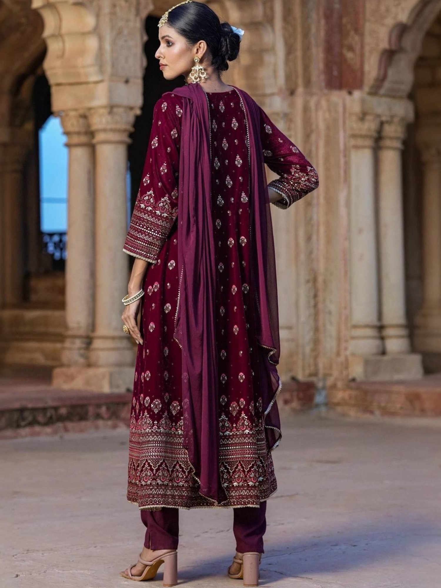 Scakhi Maroon Velvet Foil Printed Anarkali Suit Set Kurta With Pant And Dupatta