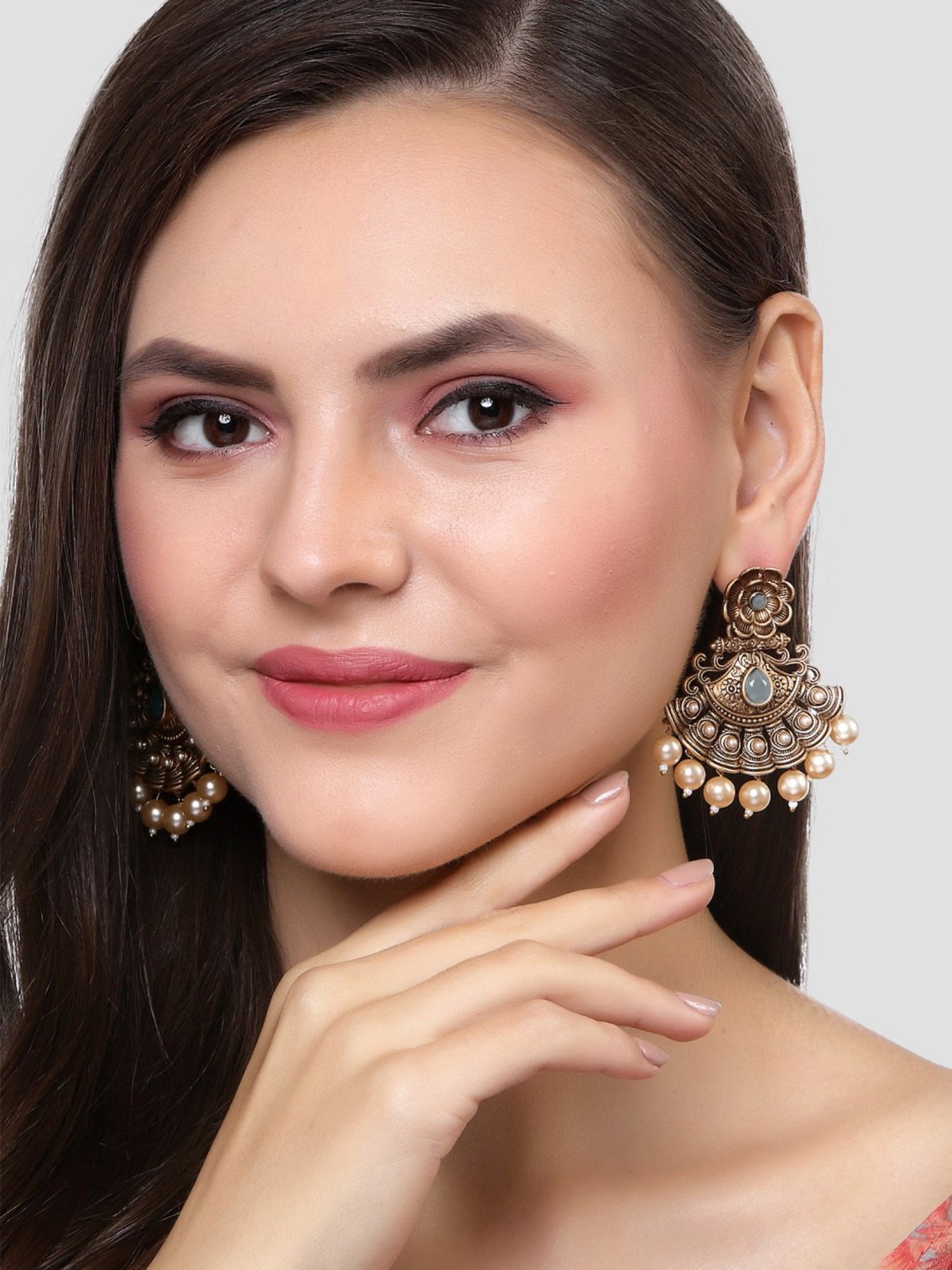 Karatcart Gold-Plated Grey Stone and Pearl Dangler Earrings for Women