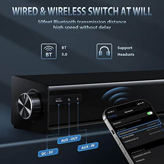Computer Speakers, Foxnovo Wireless & Wired PC Soundbar, 20W Powerful Stereo Audio USB-Powered Computer Sound Bar Speaker for PC Desktop Laptop Smartphone Tablet TV, 3.5mm Aux-in & RCA Connection