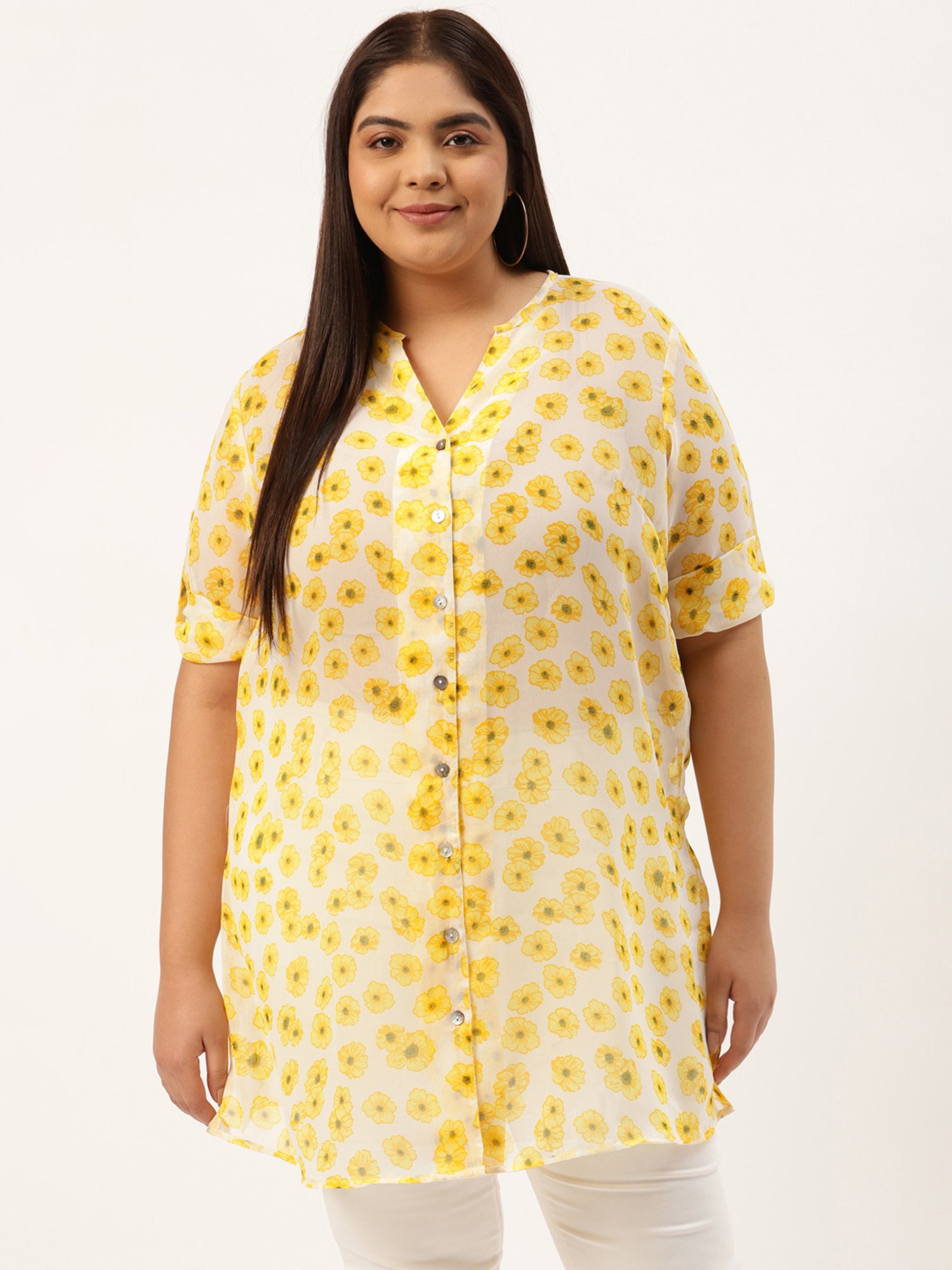 theRebelinme Yellow & Off White Floral Print Shirt