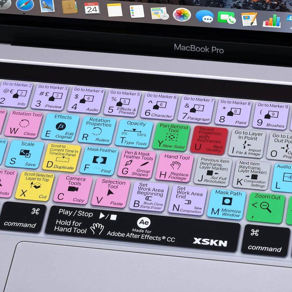 XSKN 2016 New Shortcut Design Series Keyboard Skin Cover for Touch Bar Models MacBook Pro 13 (A1706) & MacBook Pro 15 (A1707),  US EU Universal Version (After Effects)