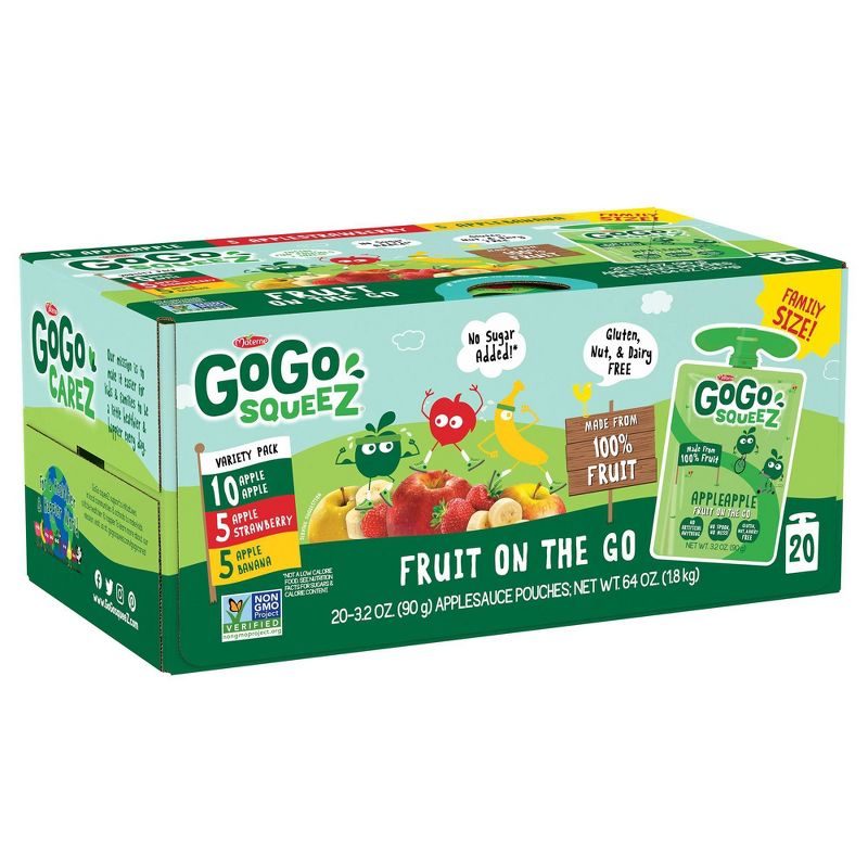 GoGo squeeZ Applesauce, Variety Apple/Banana/Strawberry - 3.2oz/20ct