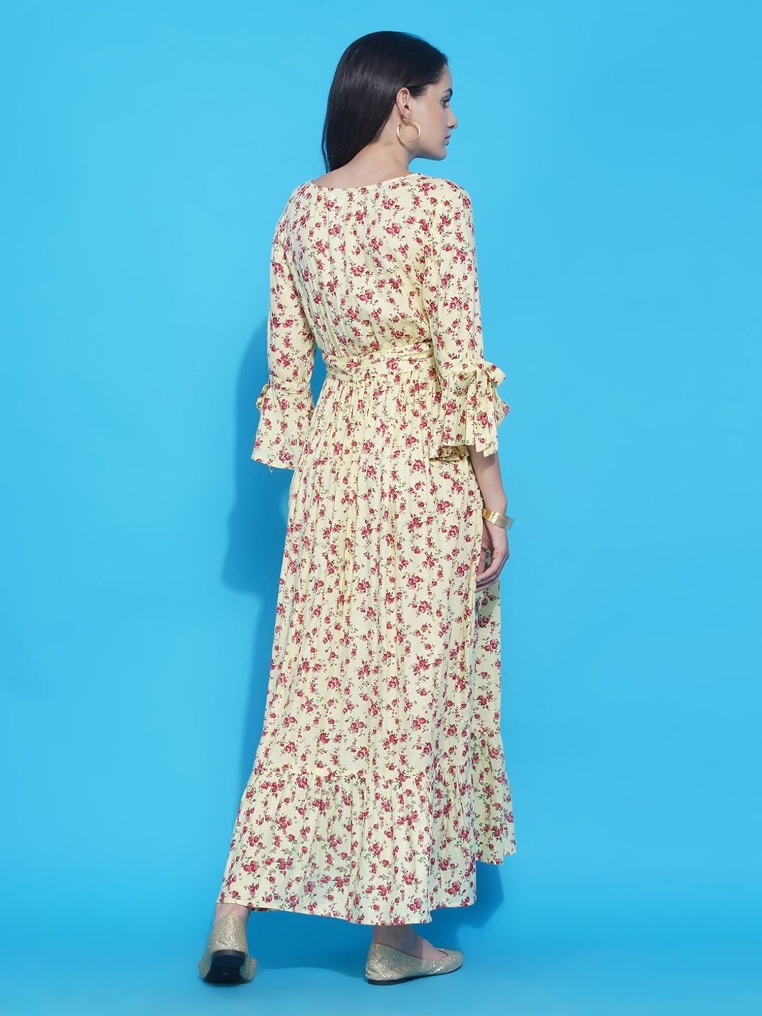 Mine4Nine Yellow & Pink Floral Print Maxi Maternity & Nursing Dress