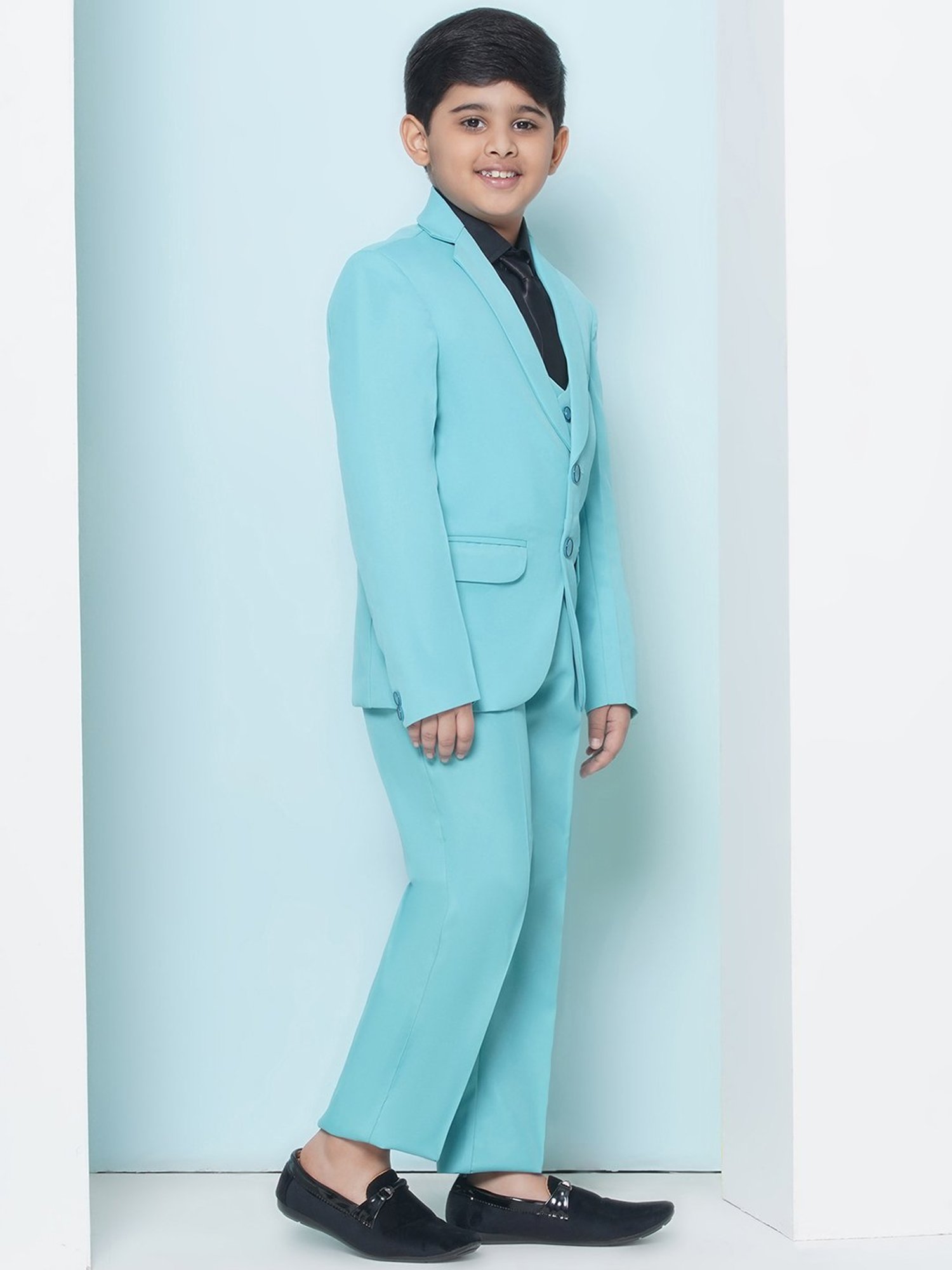 AJ Dezines Kids Sky Blue & Black Solid Full Sleeves Shirt, Pants, Coat, Waistcoat with Tie