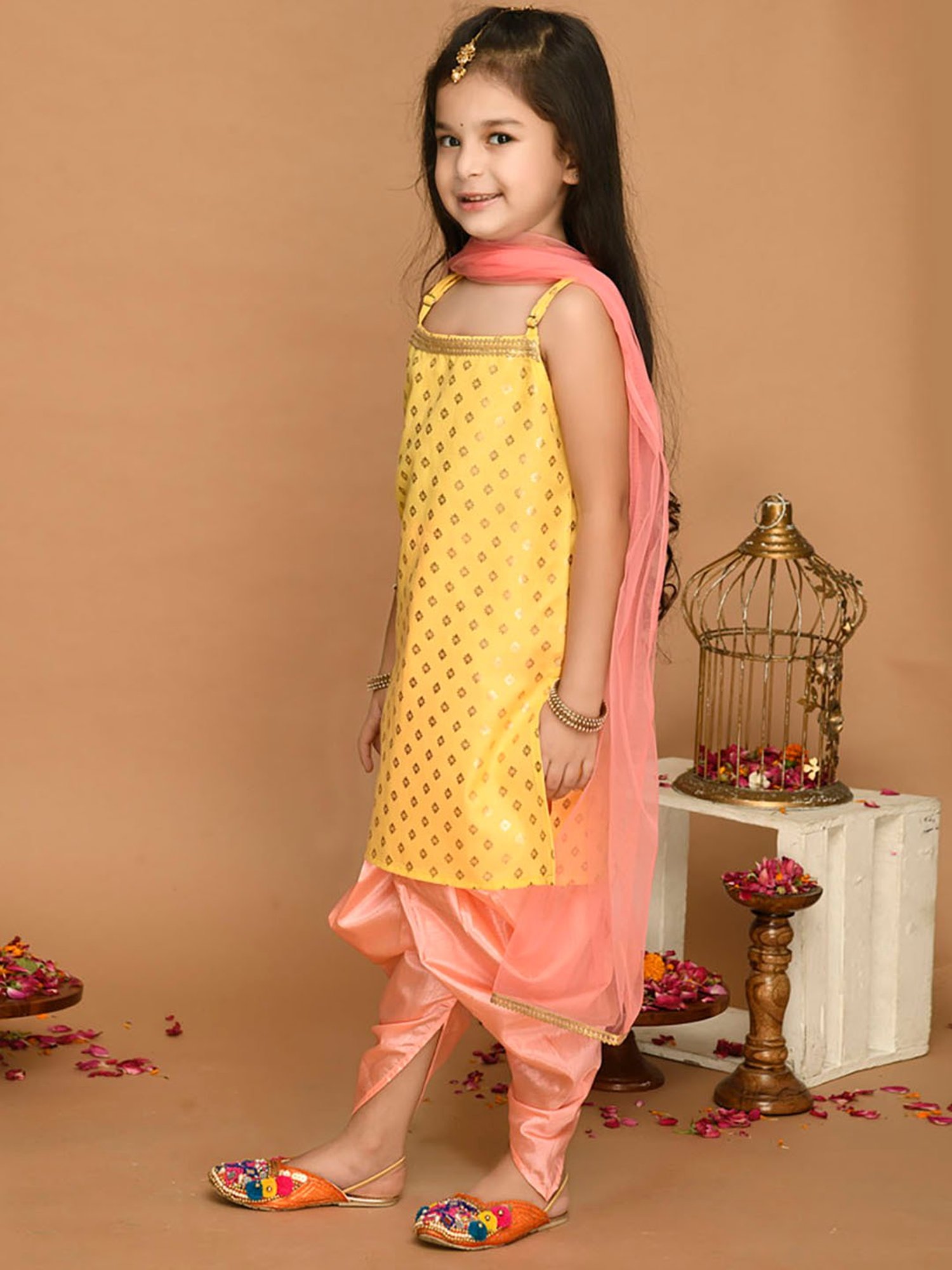 Saka Designs Kids Yellow & Neon Pink Printed Kurta with Dhoti & Dupatta