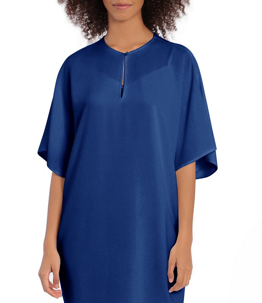 Maggy London Petite Size Short Sleeve Split Neck Crosshatch Crepe Dress