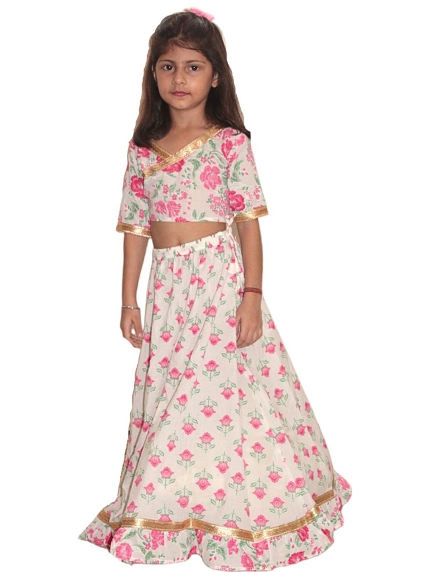 Tippy Top Kids White & Pink Floral Print Lehenga with Choli