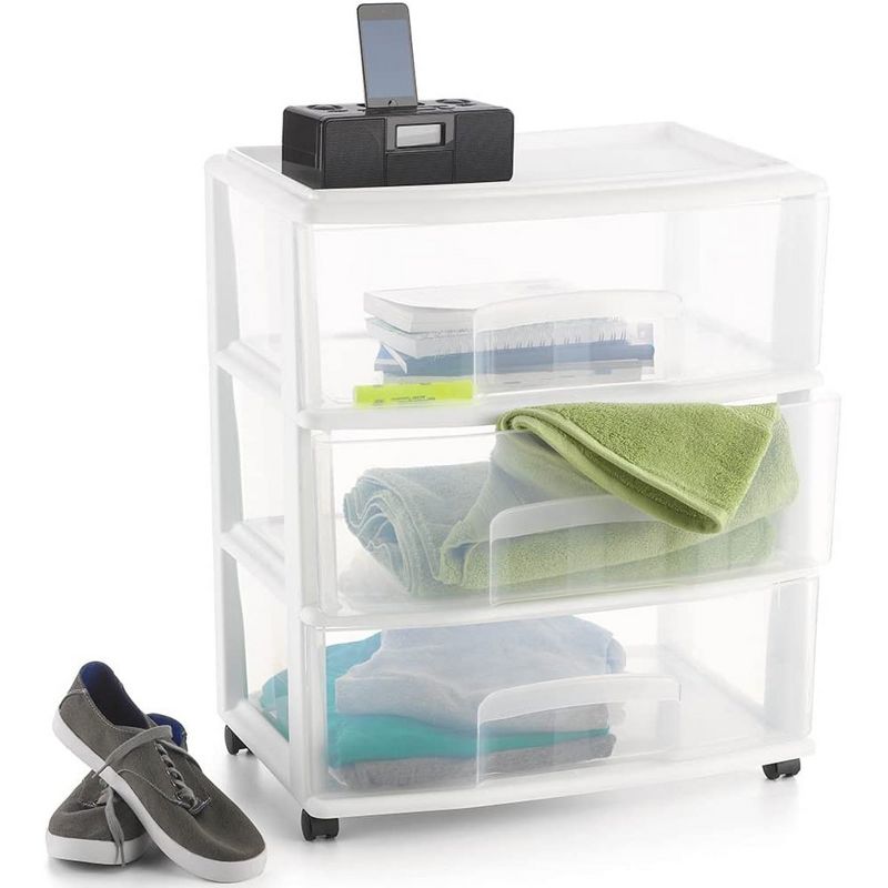 Homz Plastic 3 Clear Drawer Compact Home Rolling Storage Container Tower for Small to Medium Sized Items, White Frame