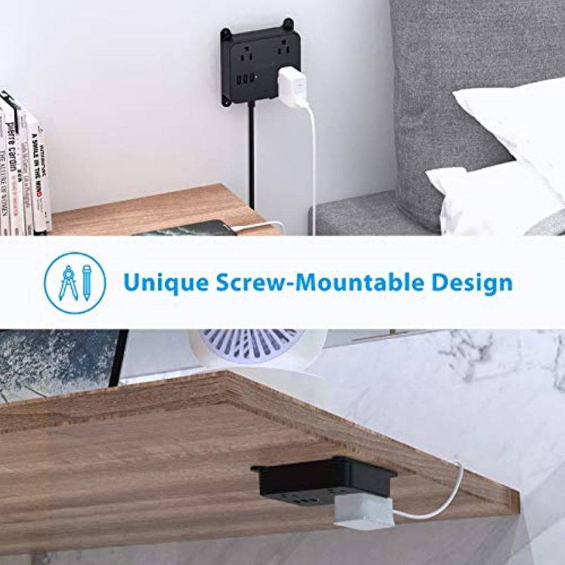 Power Strip with USB, TROND Wall Mountable Outlet Extender with 3 Widely Spaced Outlets and 3 USB Ports, Flat Plug, 4.5ft Extension Cord, for Home Office Nightstand, Black