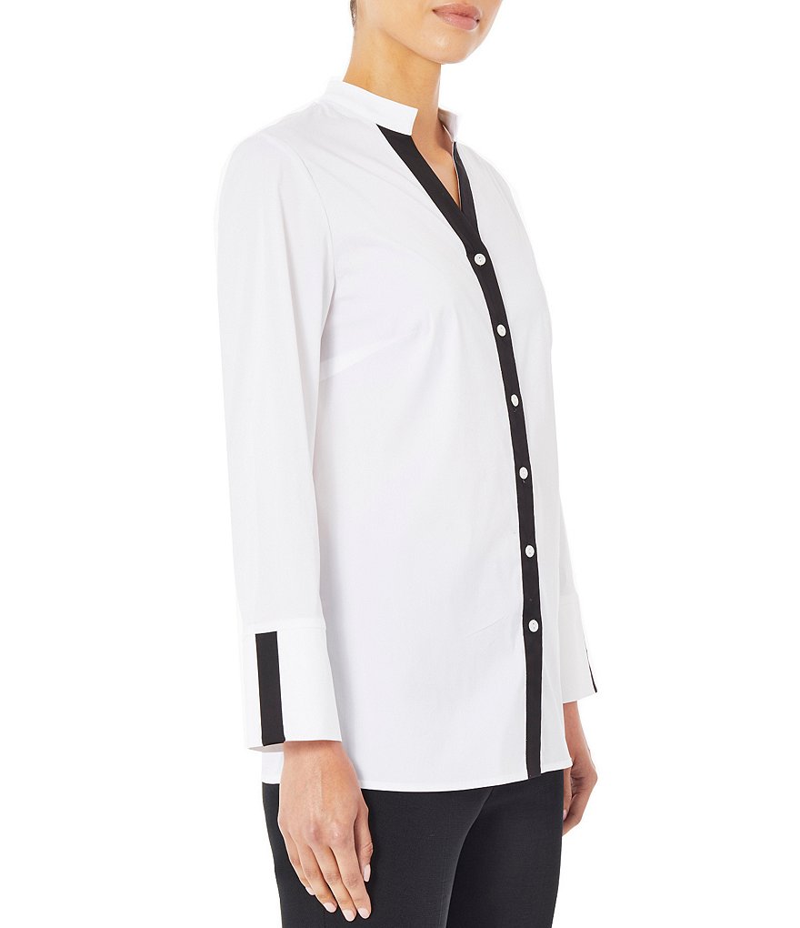 Ming Wang Stretch Cotton Poplin Contrast Trim Mandarin V-Neck Collar Long Cuff Sleeve Shirt