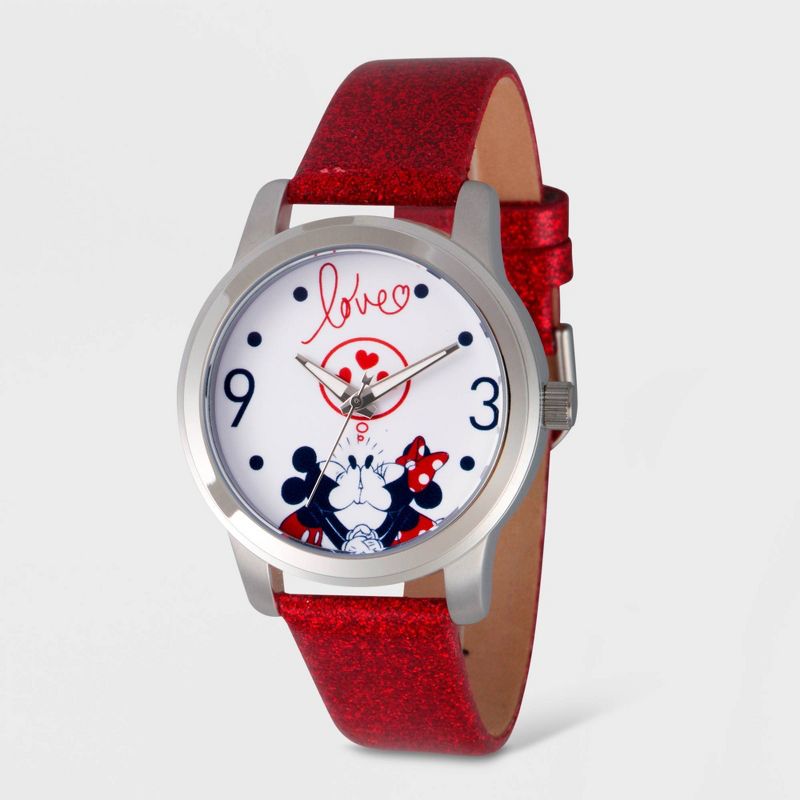 Women's Disney Mickey and Minnie Mouse Glitter Strap Watch - Red