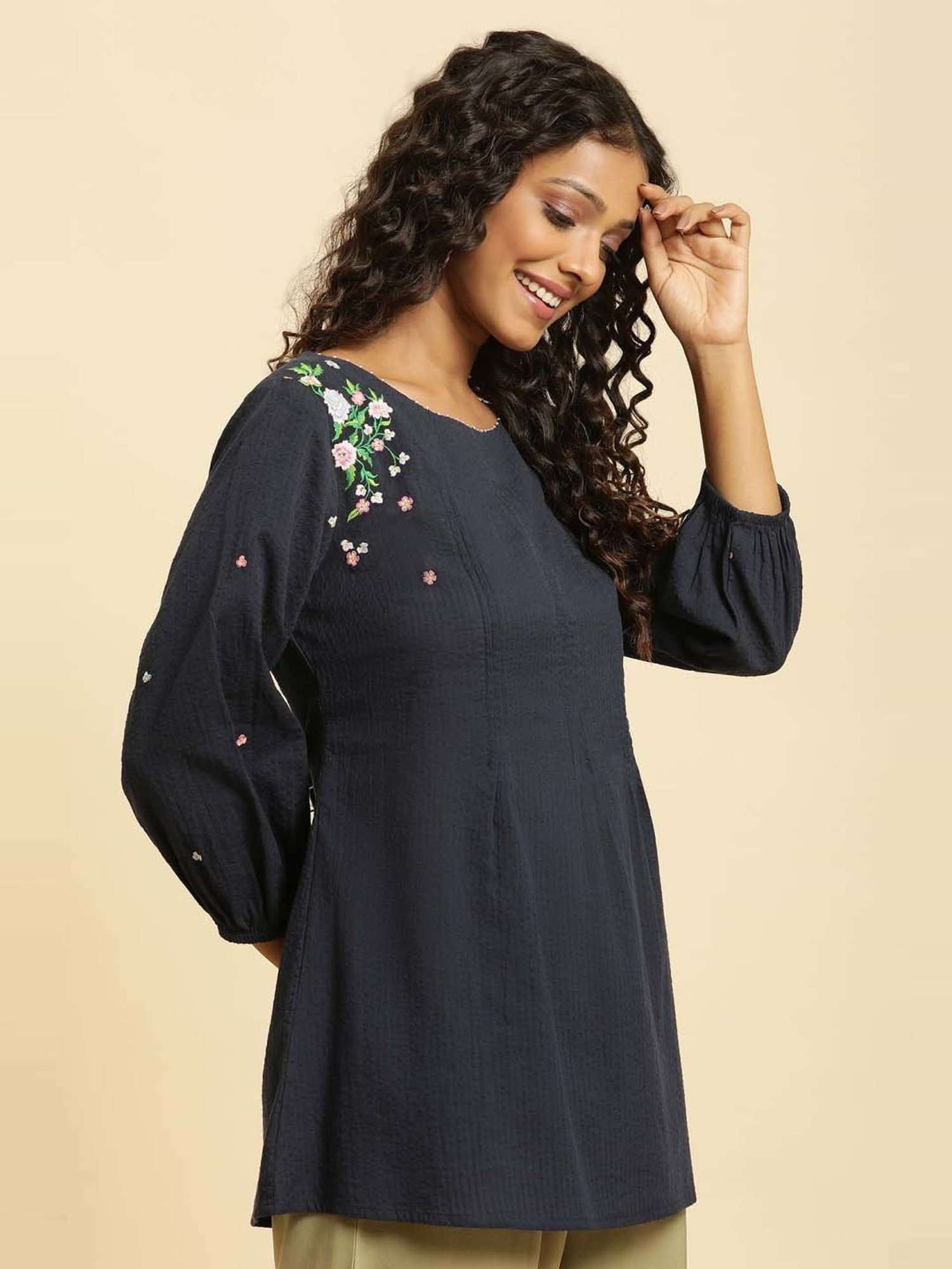 W Navy Cotton Embroidered Top