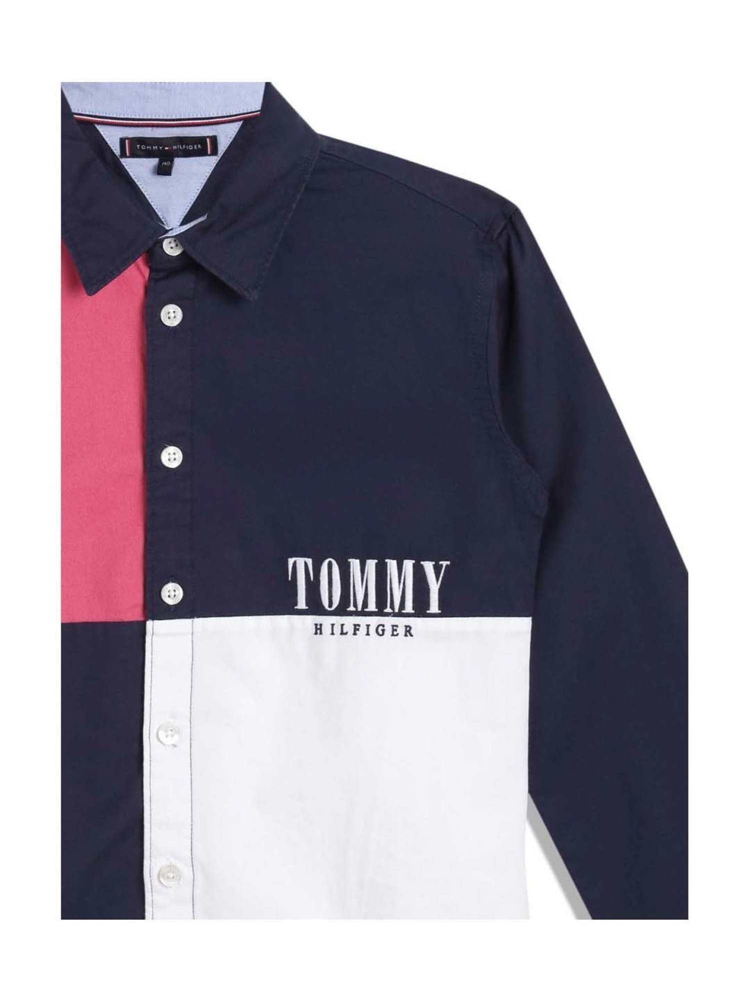 Tommy Hilfiger Kids White Cotton Color Block Full Sleeves Shirt