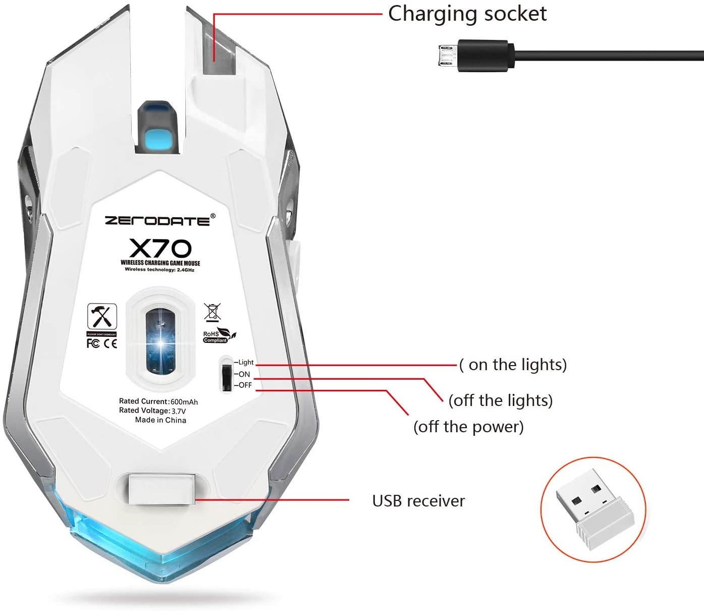 Rechargeable 2.4Ghz Wireless Gaming Mouse with USB Receiver7 Colors Backlit for MacBook Computer PC Laptop (600Mah Lithium Battery) (White)