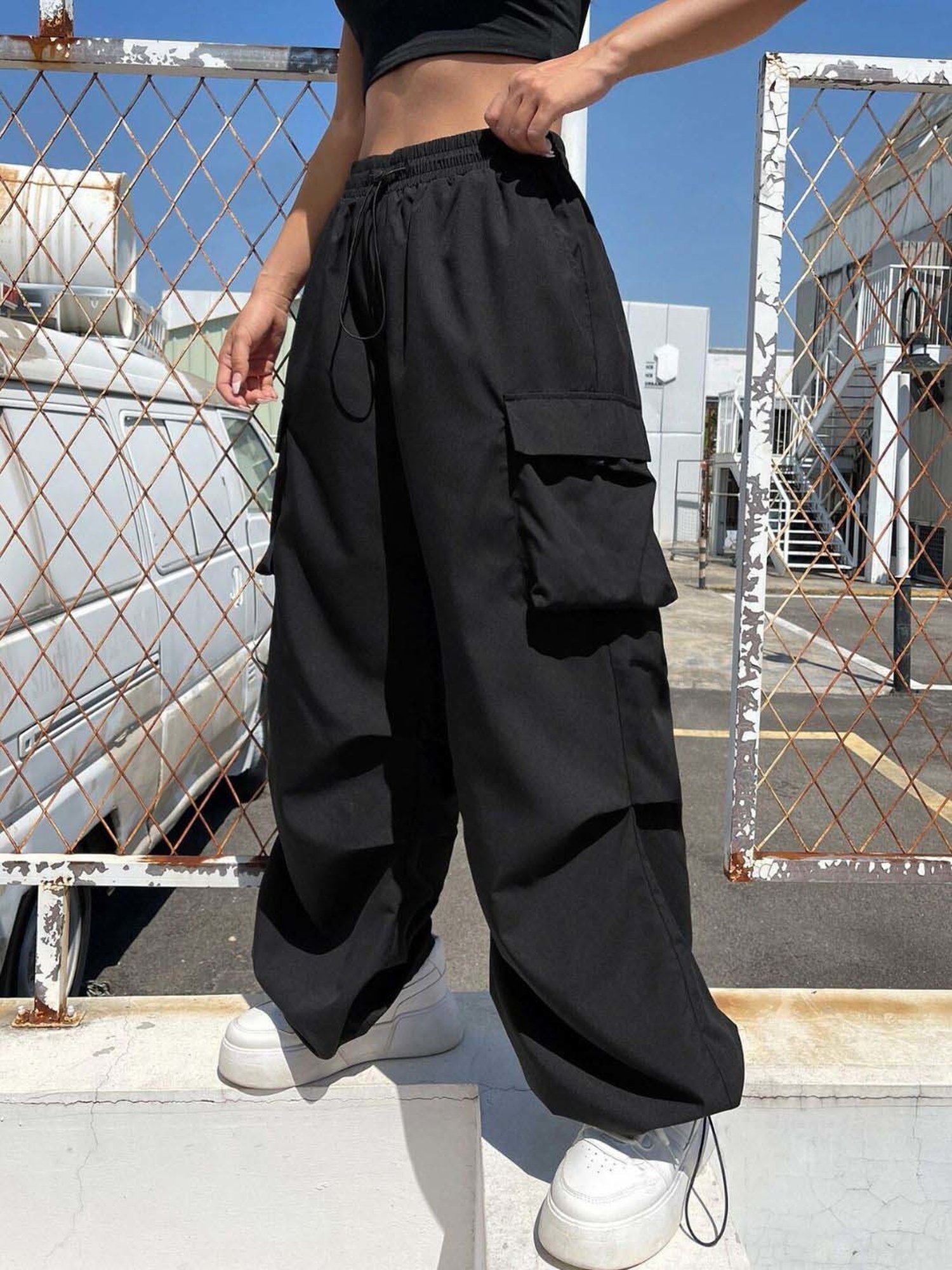 BUYNEWTREND Black High Rise Cargo Pants