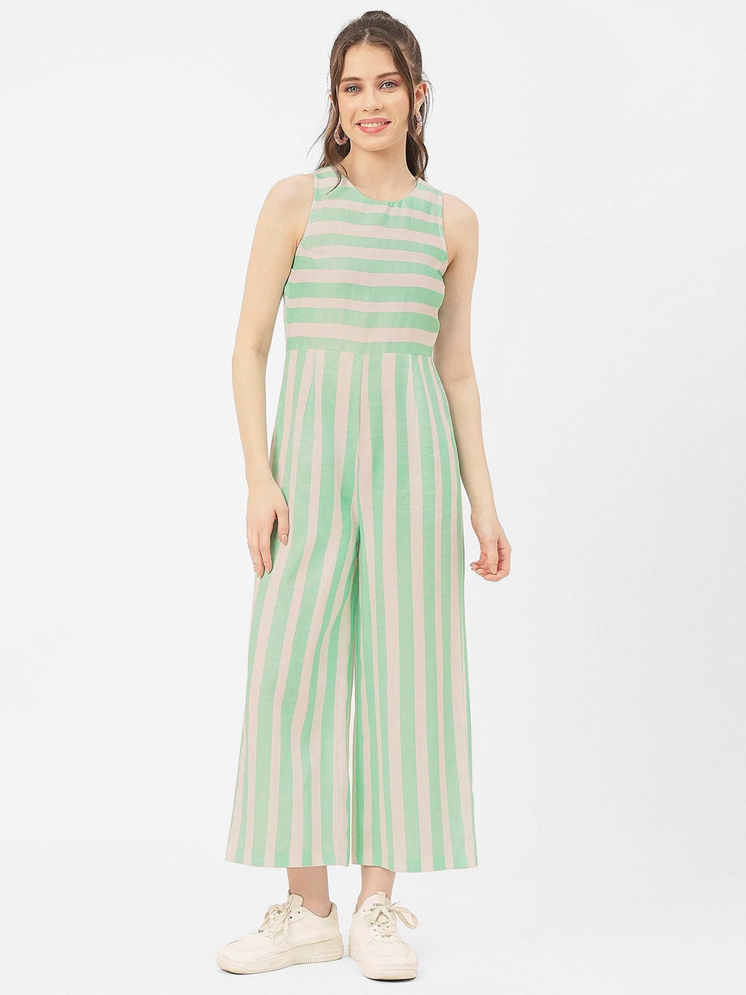 Moomaya Mint & Off White Cotton Blend Striped Jumpsuit