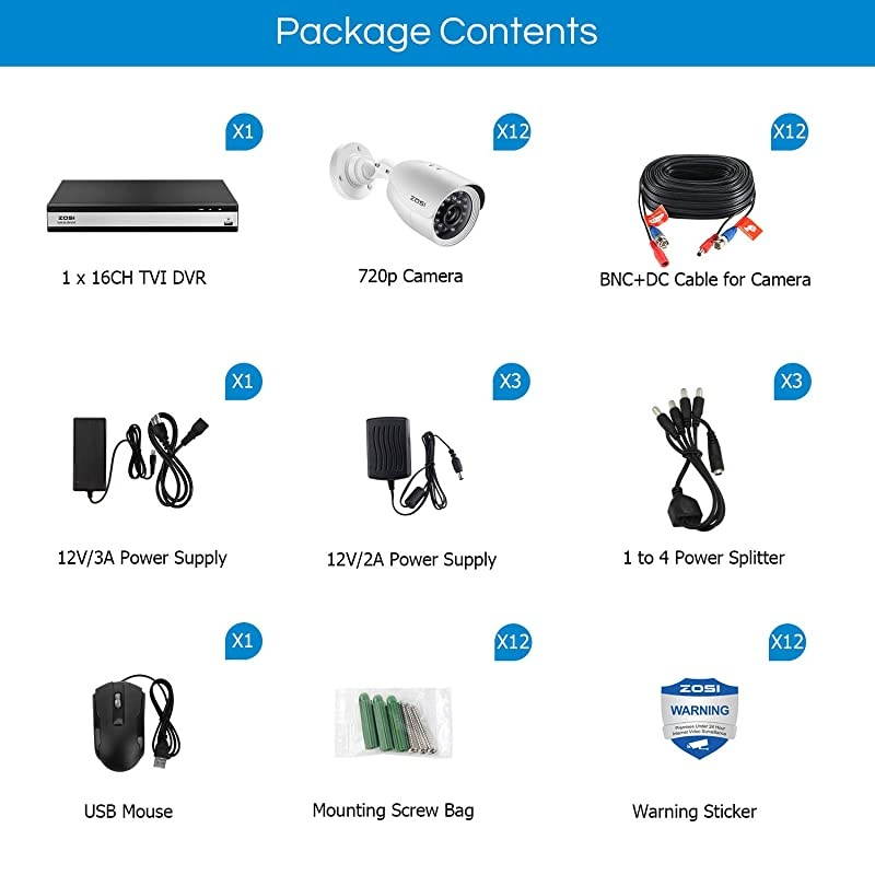 H.265+ 1080p 16 Channel Security Camera System, 16 Channel DVR Recorder and 12 x 1080p Weatherproof Surveillance CCTV Bullet Camera Outdoor Indoor, 80ft Night Vision, 90&deg; View Angle (No HDD)