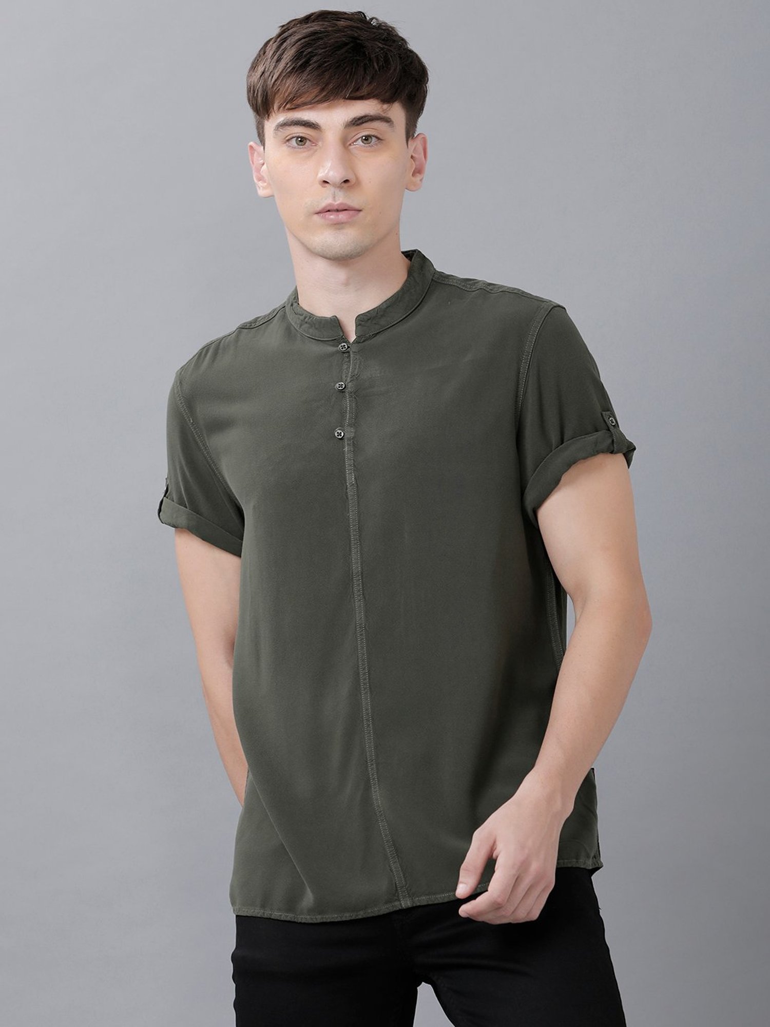 Identiti Olive Mandarin Collar Short Kurta
