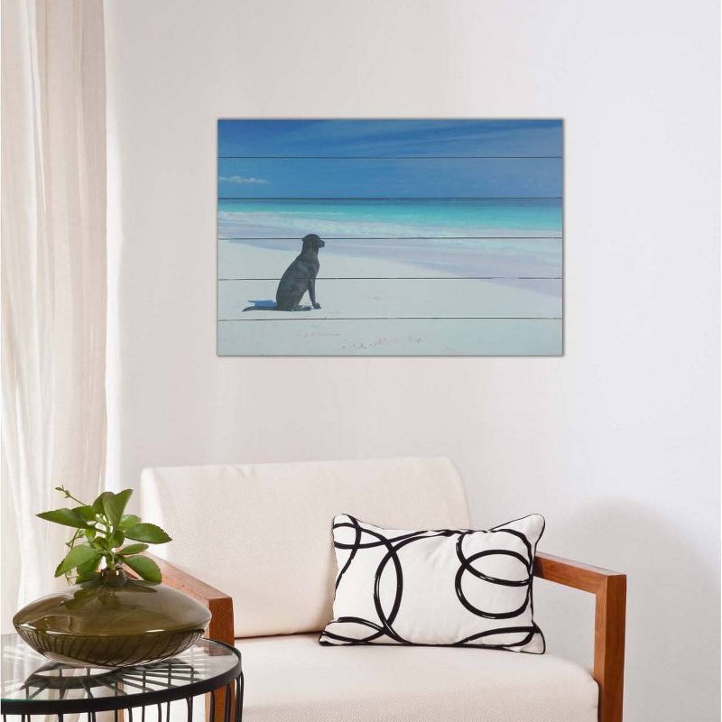 18" x 26" Dog on Beach Print on Planked Wood Wall Sign Panel Blue - Gallery 57