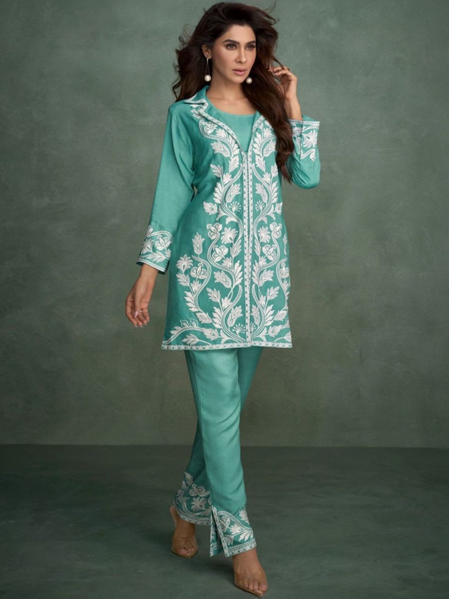 Autumnlane Turquoise Aviva Ocean Embroidered Tunic with Pant Co-ord Set