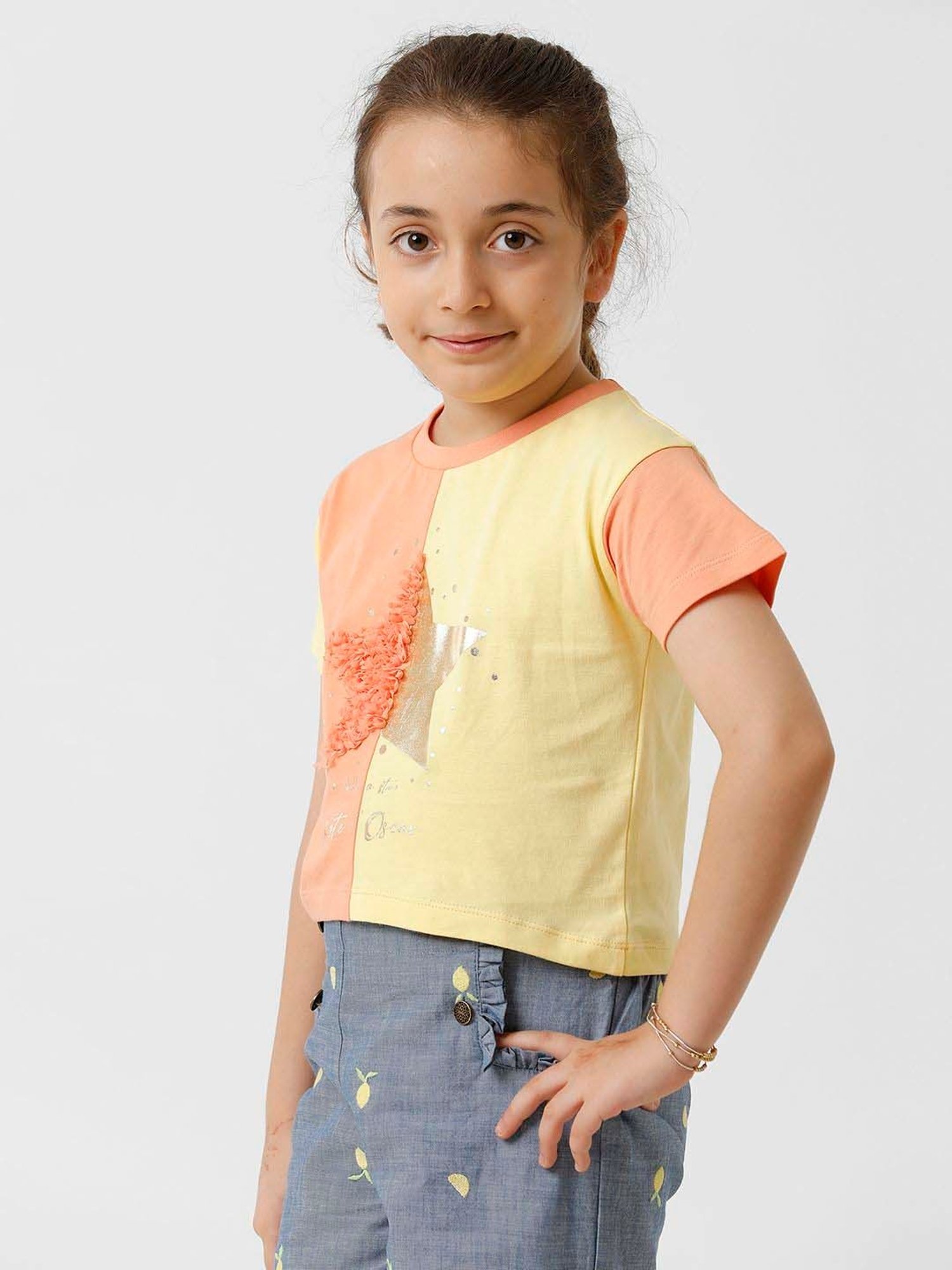 Kate & Oscar Kids Peach & Yellow Cotton Color Block T-Shirt