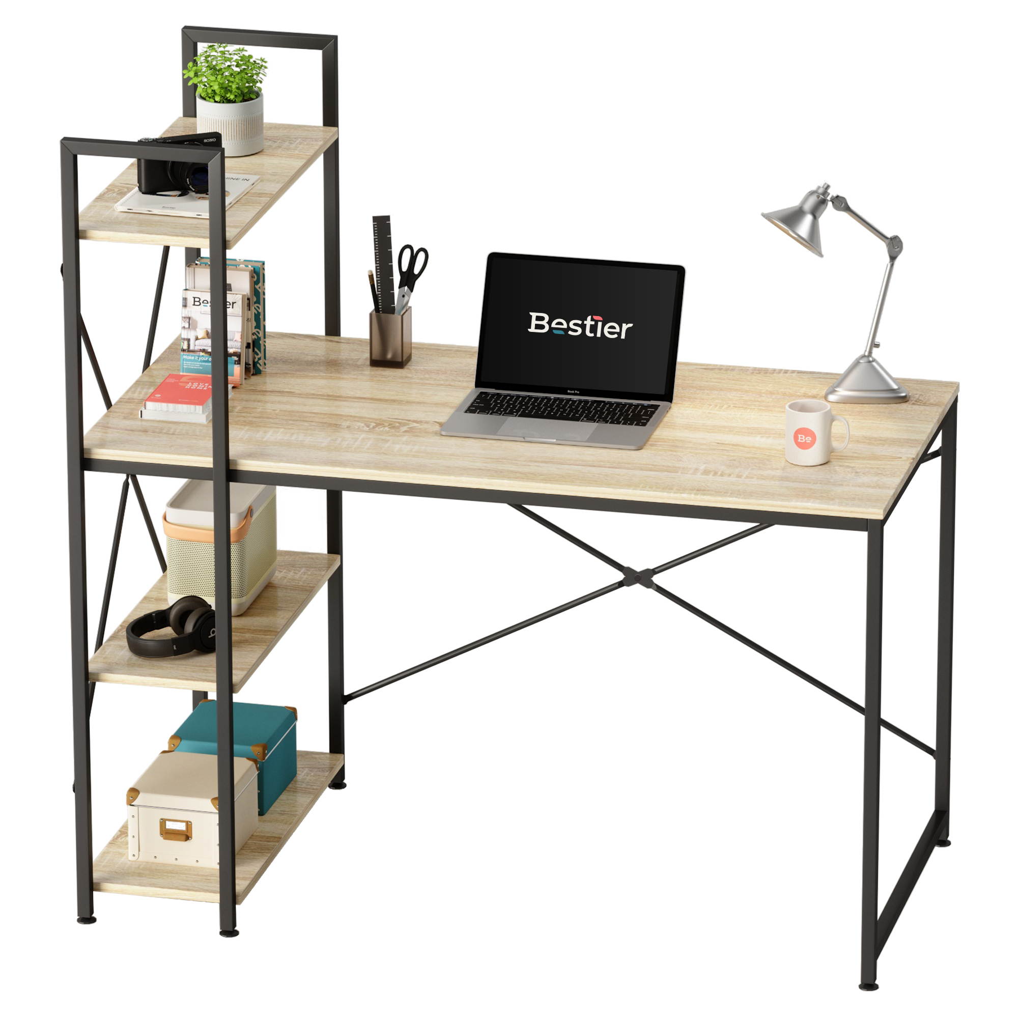 Bestier 63 Inch Computer Desk with Storage Shelves, Modern Bookshelf Desk with Headphone Hook Large Workstation Writing Desk with Reversible Bookshelves Home Office Work Table Study Desk Grey