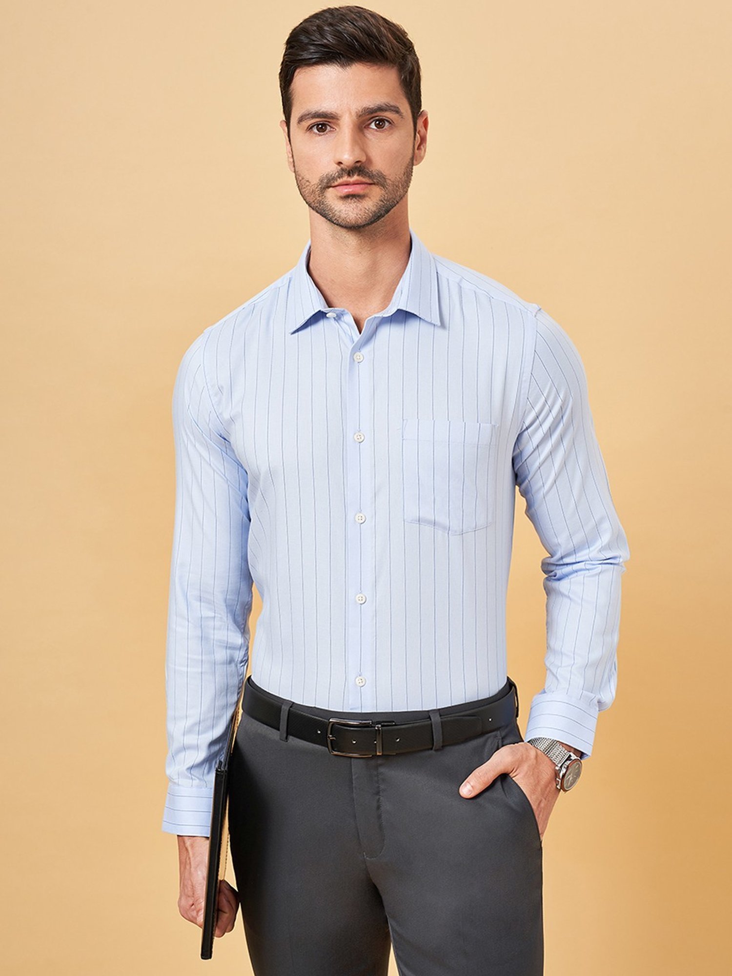 Peregrine By Pantaloons Blue Bonnet Slim Fit Striped Shirt