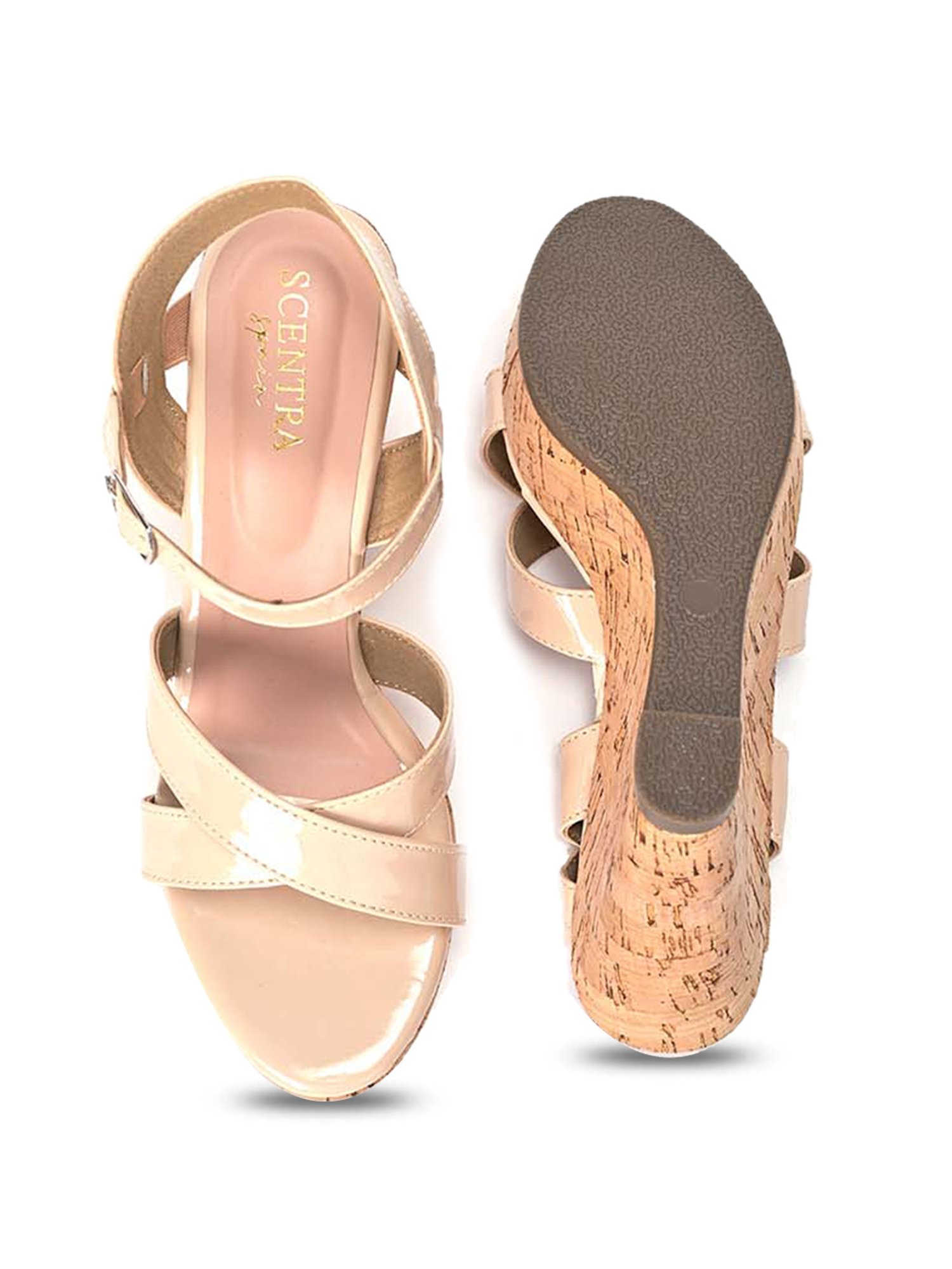 Scentra Women's Beige Ankle Strap Wedges