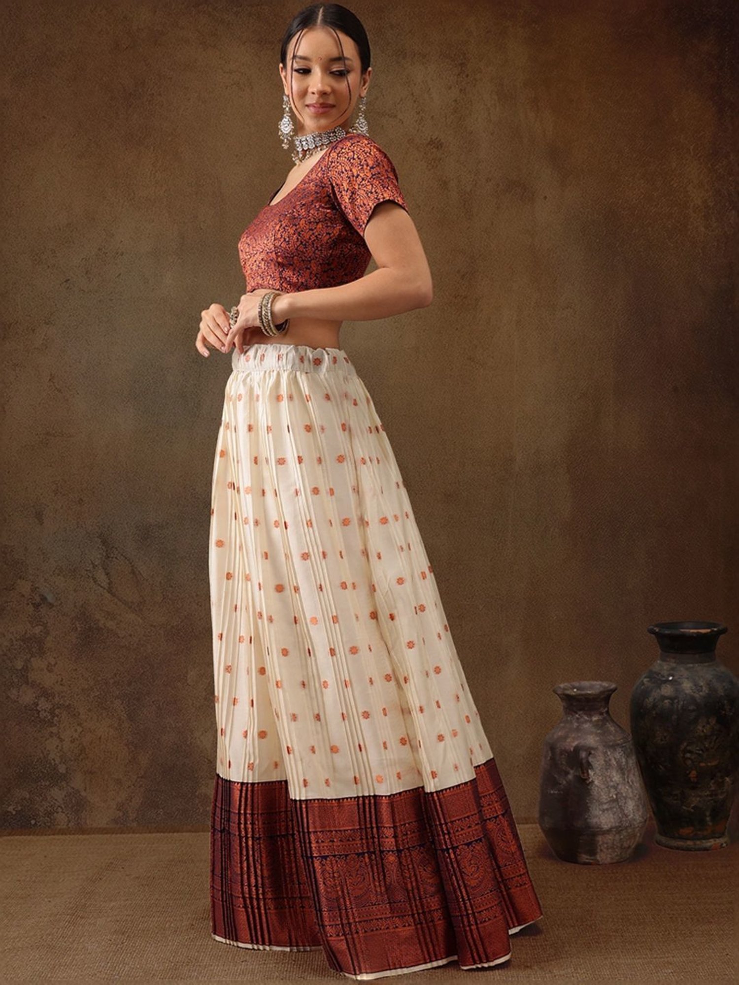 Silk Land Beige & Navy Woven Pattern Semi Stitched Lehenga Choli Set With Duppata