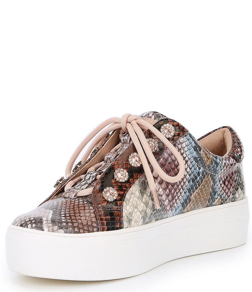 Kurt Geiger London Liviah Snake Print Leather Jewel Stud Detail Lace-Up Sneakers