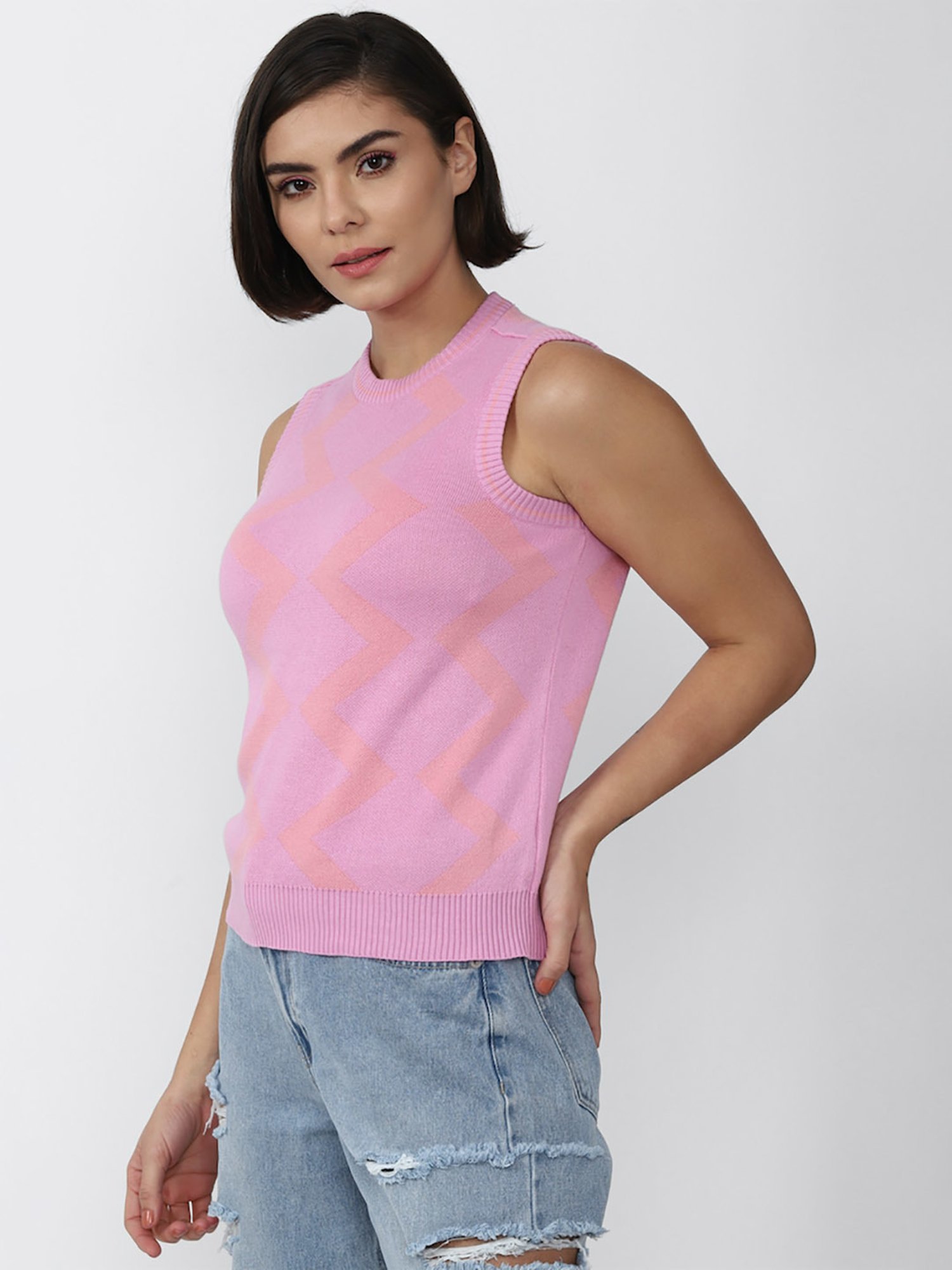 Forever 21 Pink Cotton Geometric Print Sweater Vest