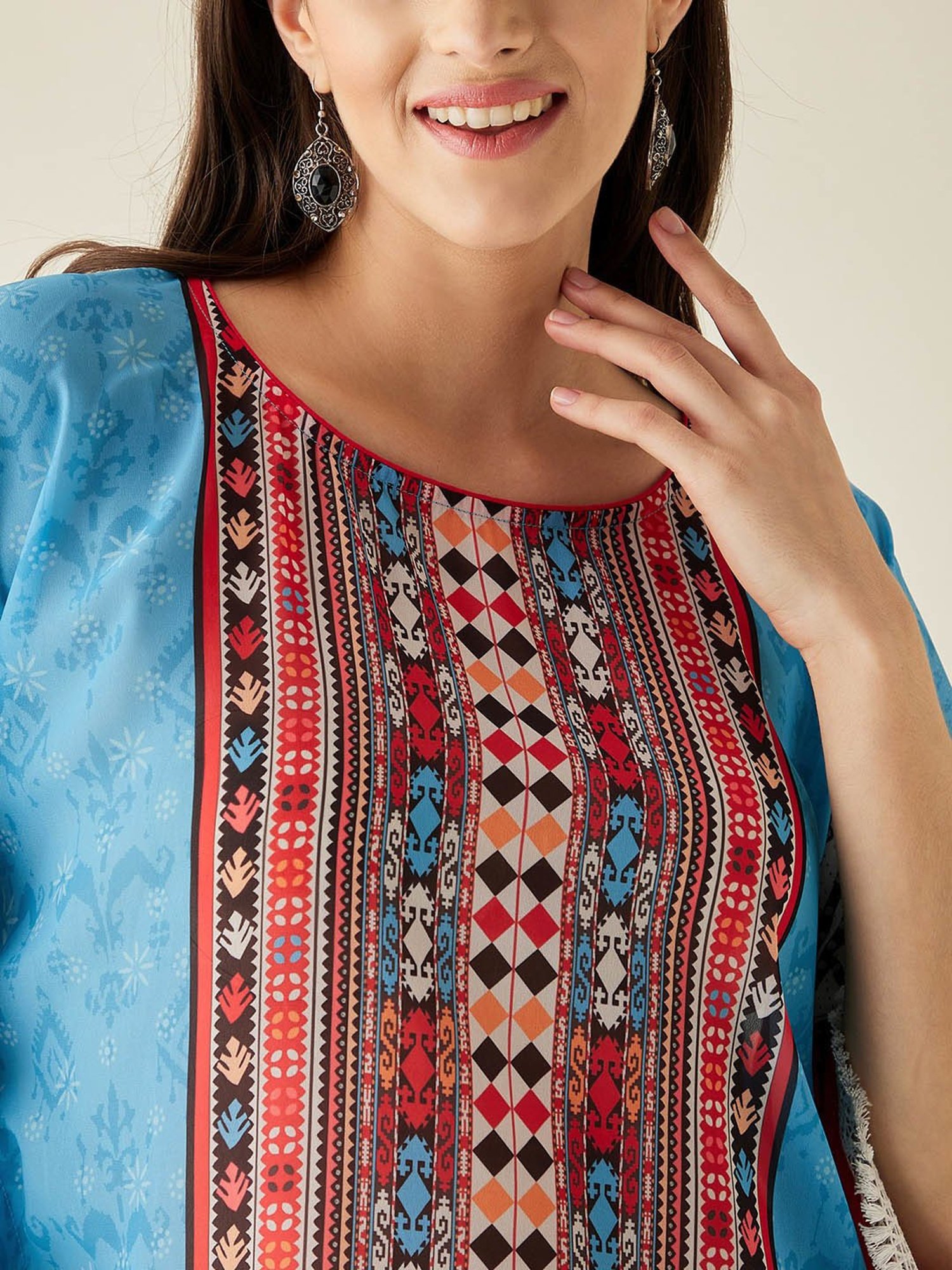 The Kaftan Company Blue Georgette Boho Print Kaftan Kurta