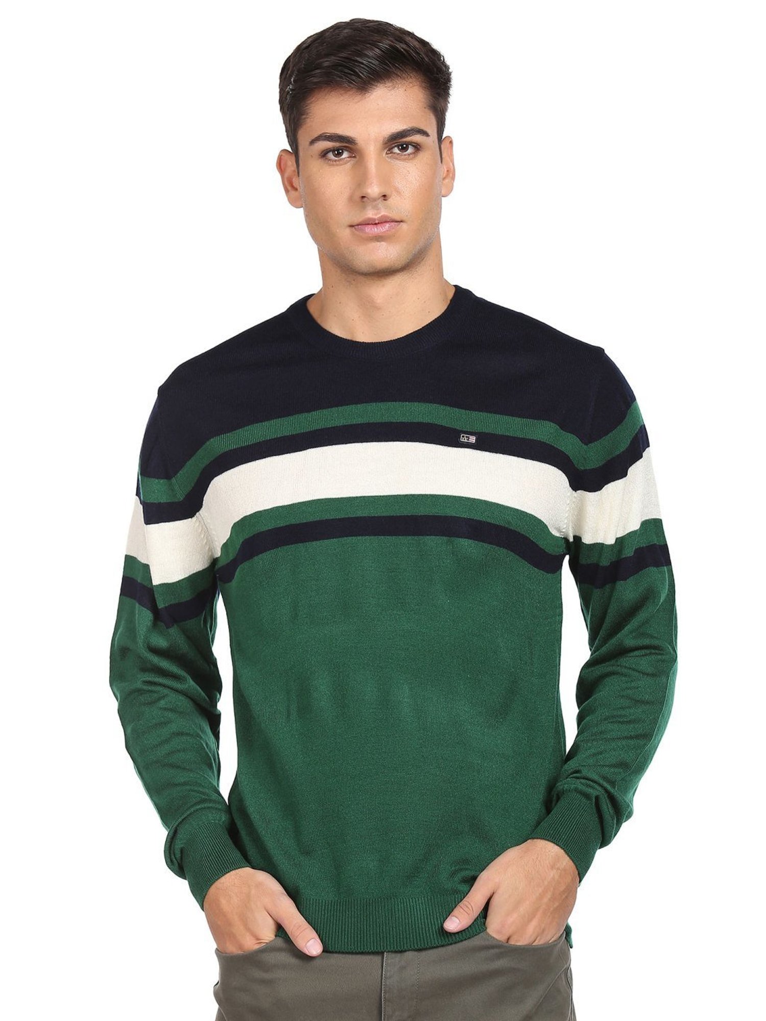 Arrow Sport Dark Green Regular Fit Striped Sweater