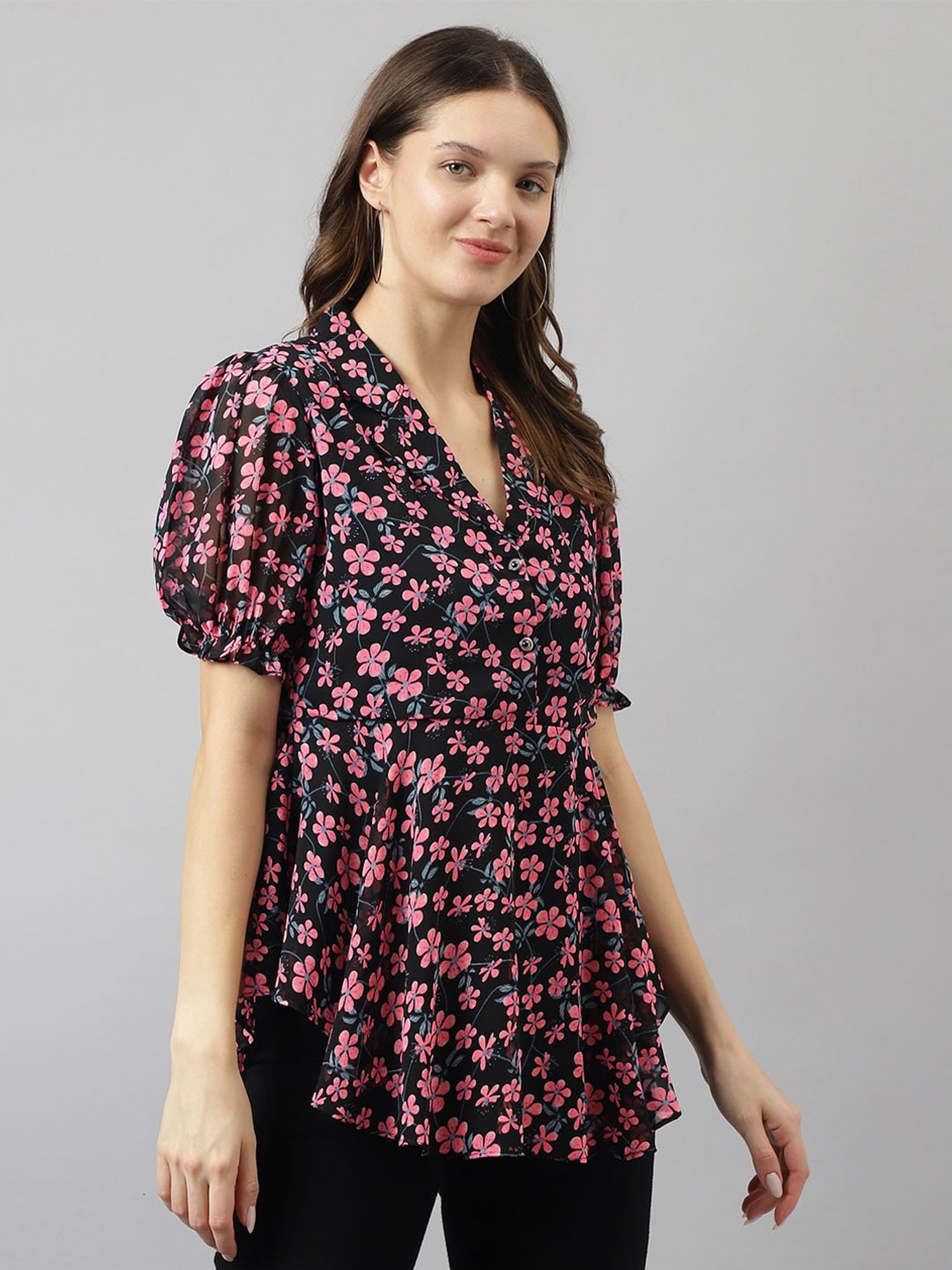 KERI PERRY Black & Pink Floral Print Top