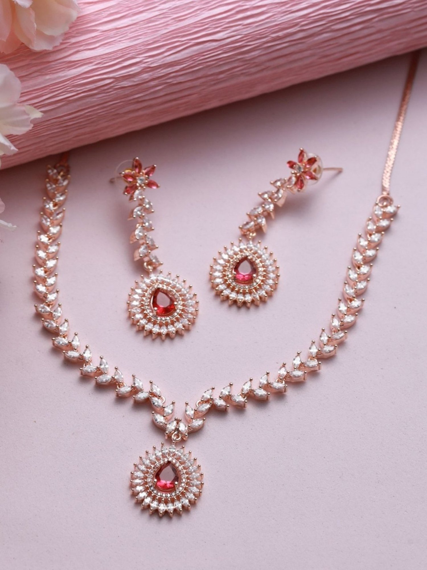 Aatmana Rose Gold-Plated Red & White AD & CZ Studded Handcrafted Necklace Set