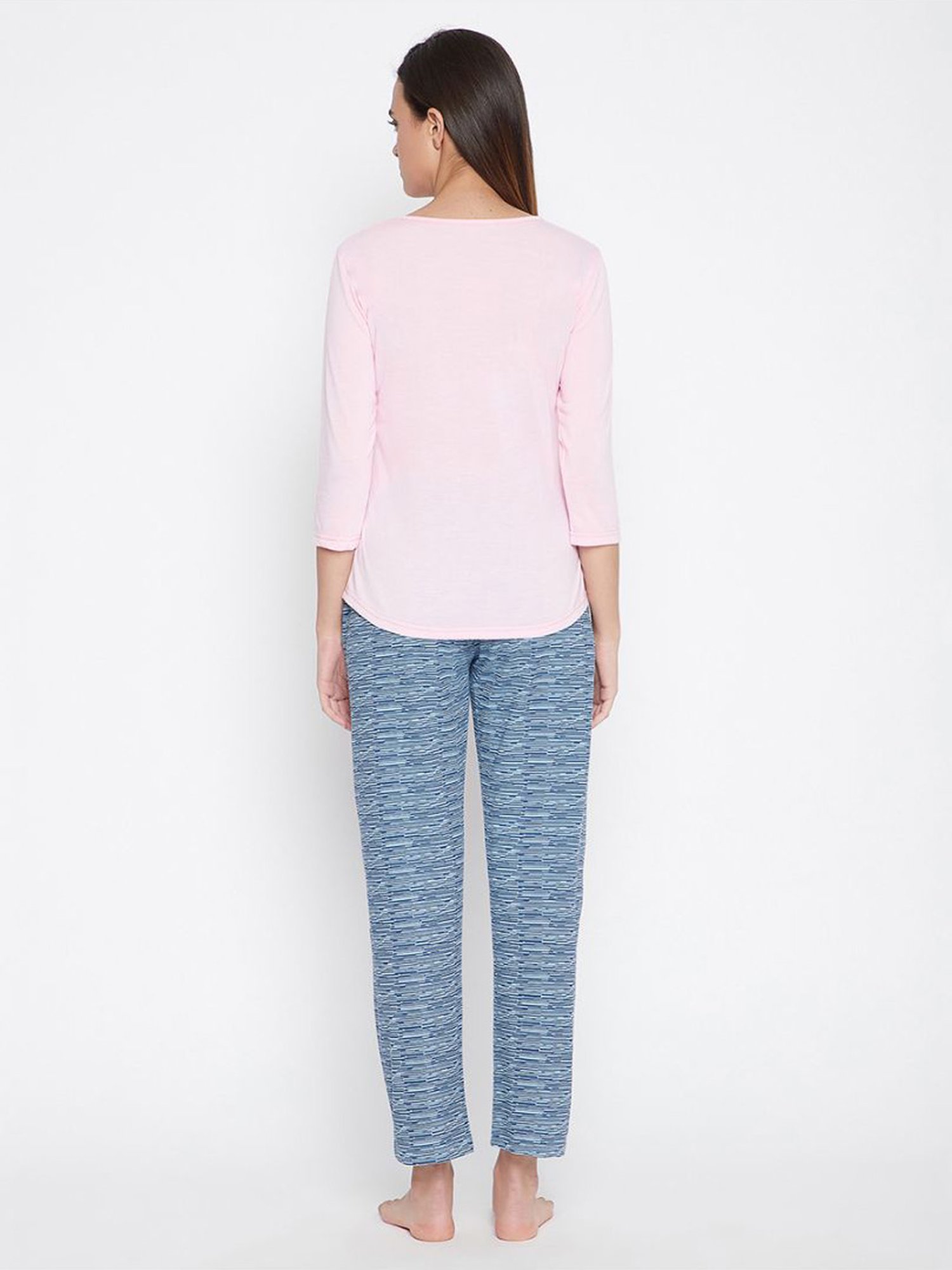 Clovia Pink & Blue Cotton Top With Pyjamas