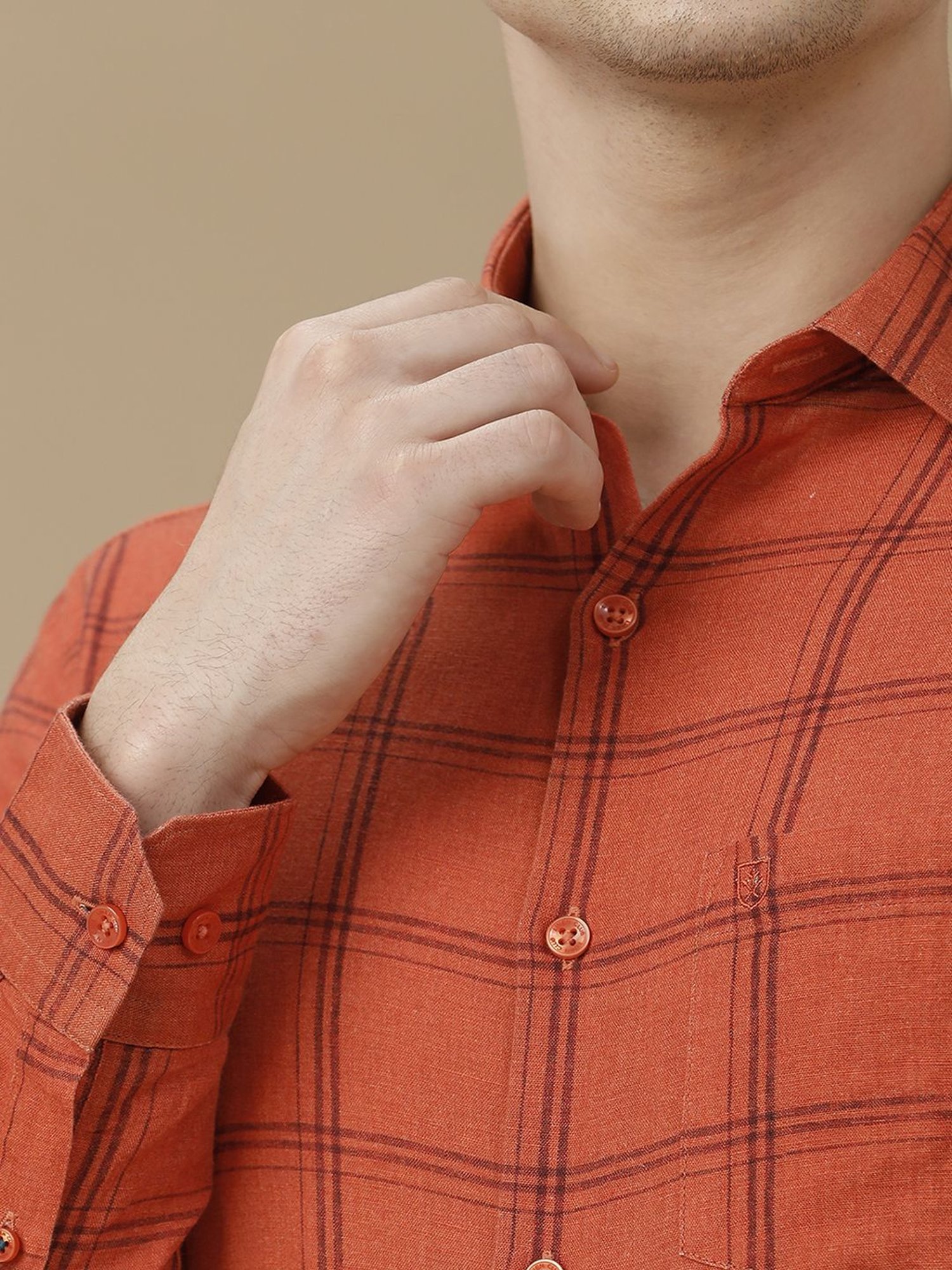 Linen Club Orange Linen Contemporary Fit Checks Shirt