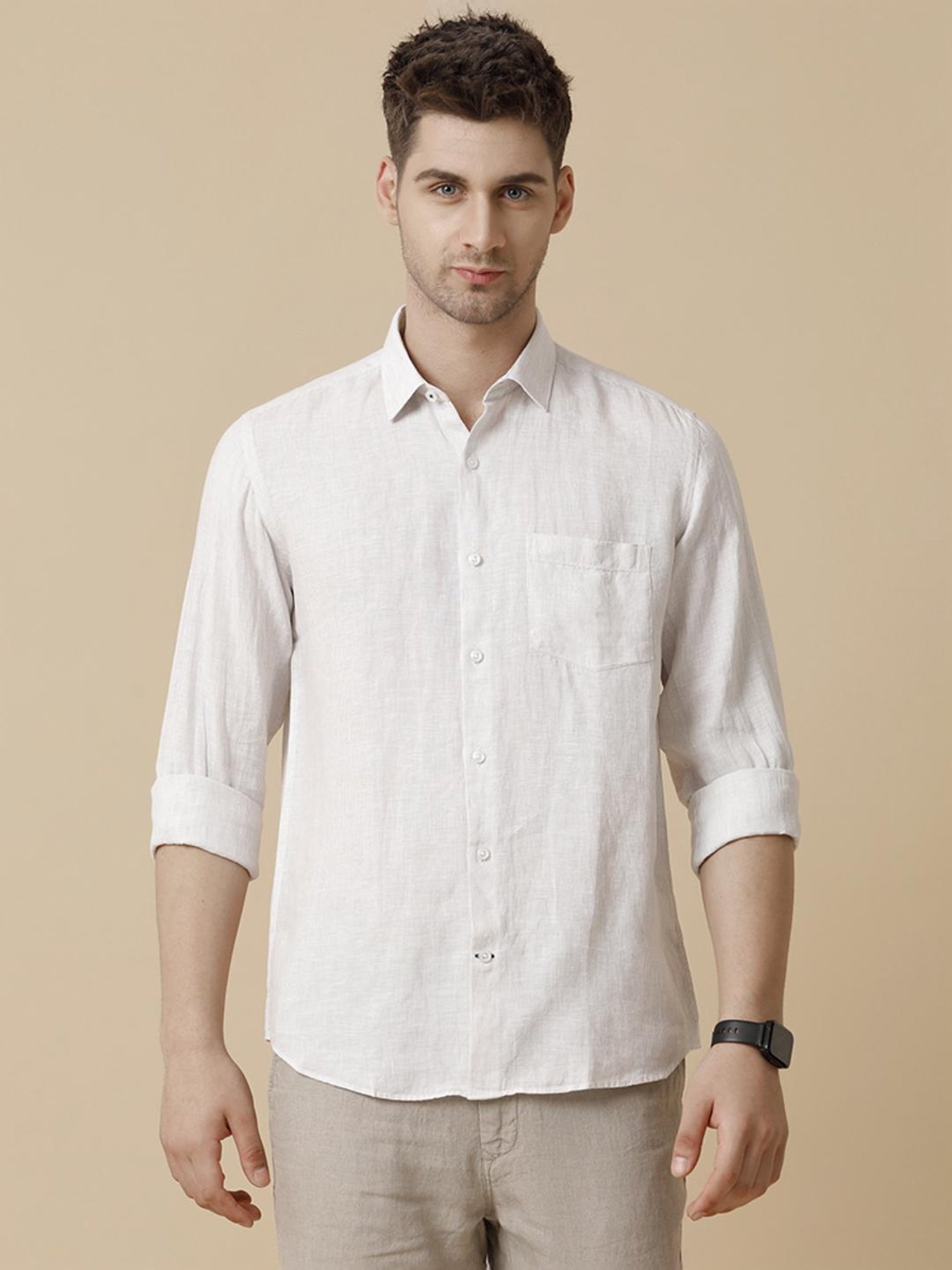 Linen Club Brown Linen Contemporary Fit Texture Shirt